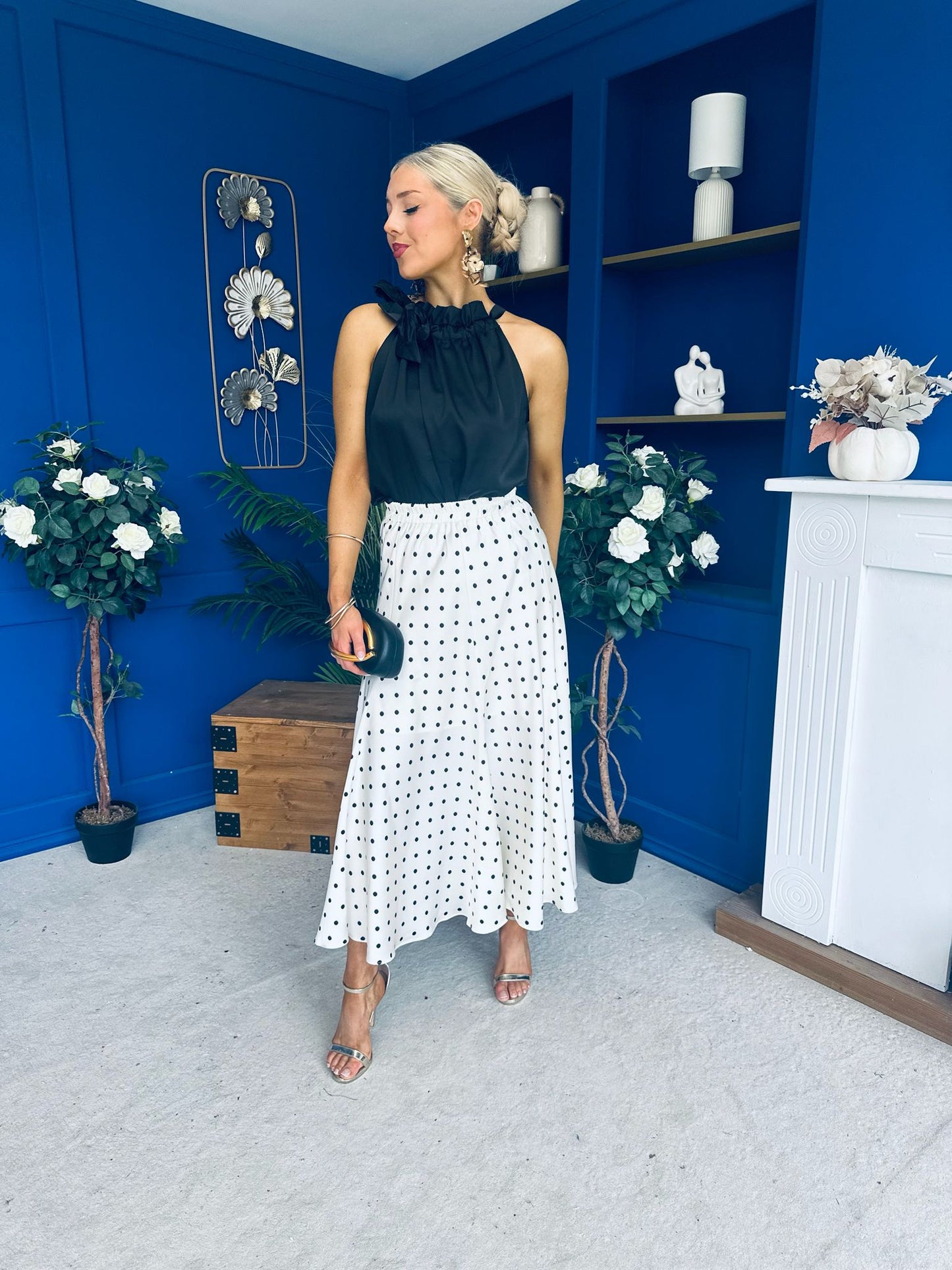 Jessie Satin Midi Skirt Black Polka Cream