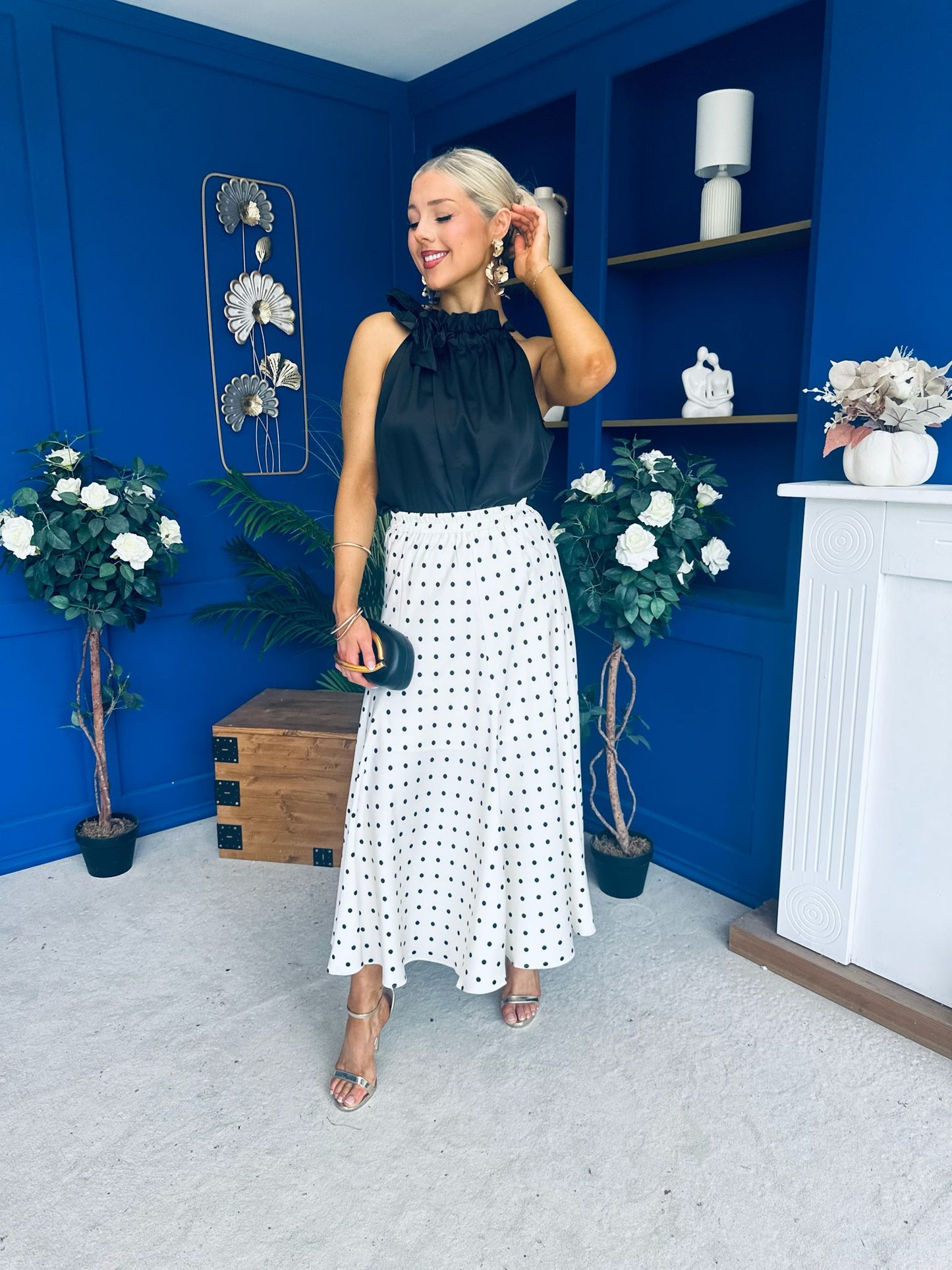 Jessie Satin Midi Skirt Black Polka Cream
