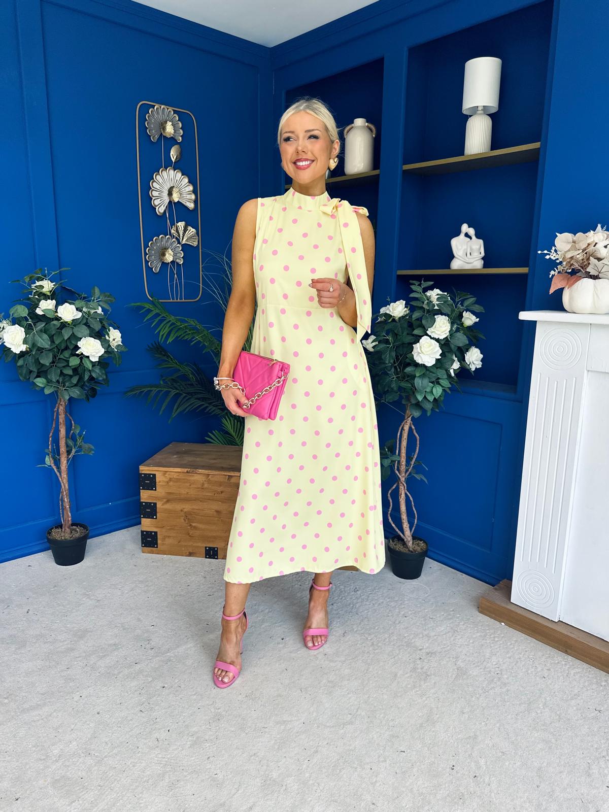 Rita High Neck Bow Detail Midi Dress Polka Yellow