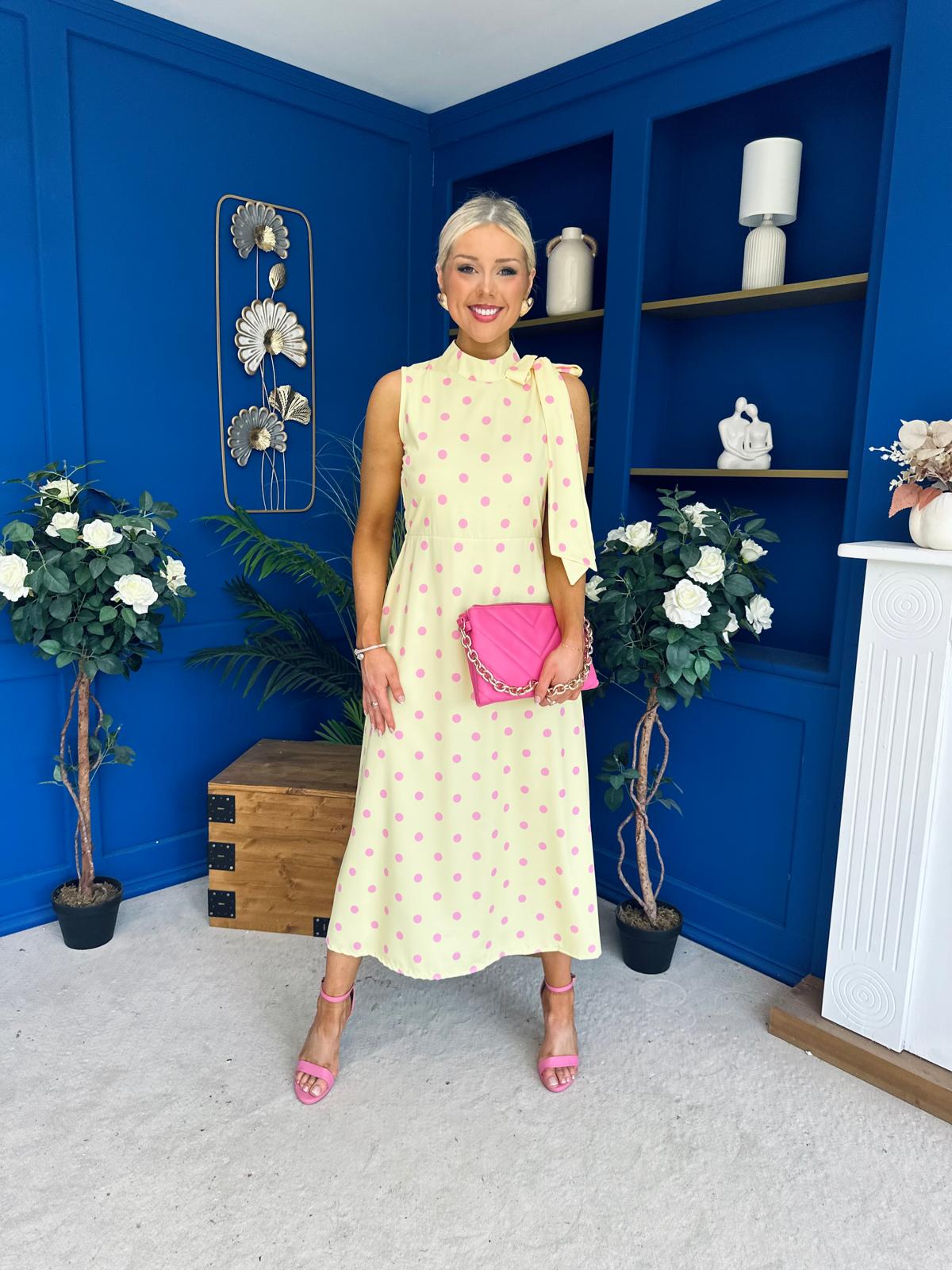 Rita High Neck Bow Detail Midi Dress Polka Yellow