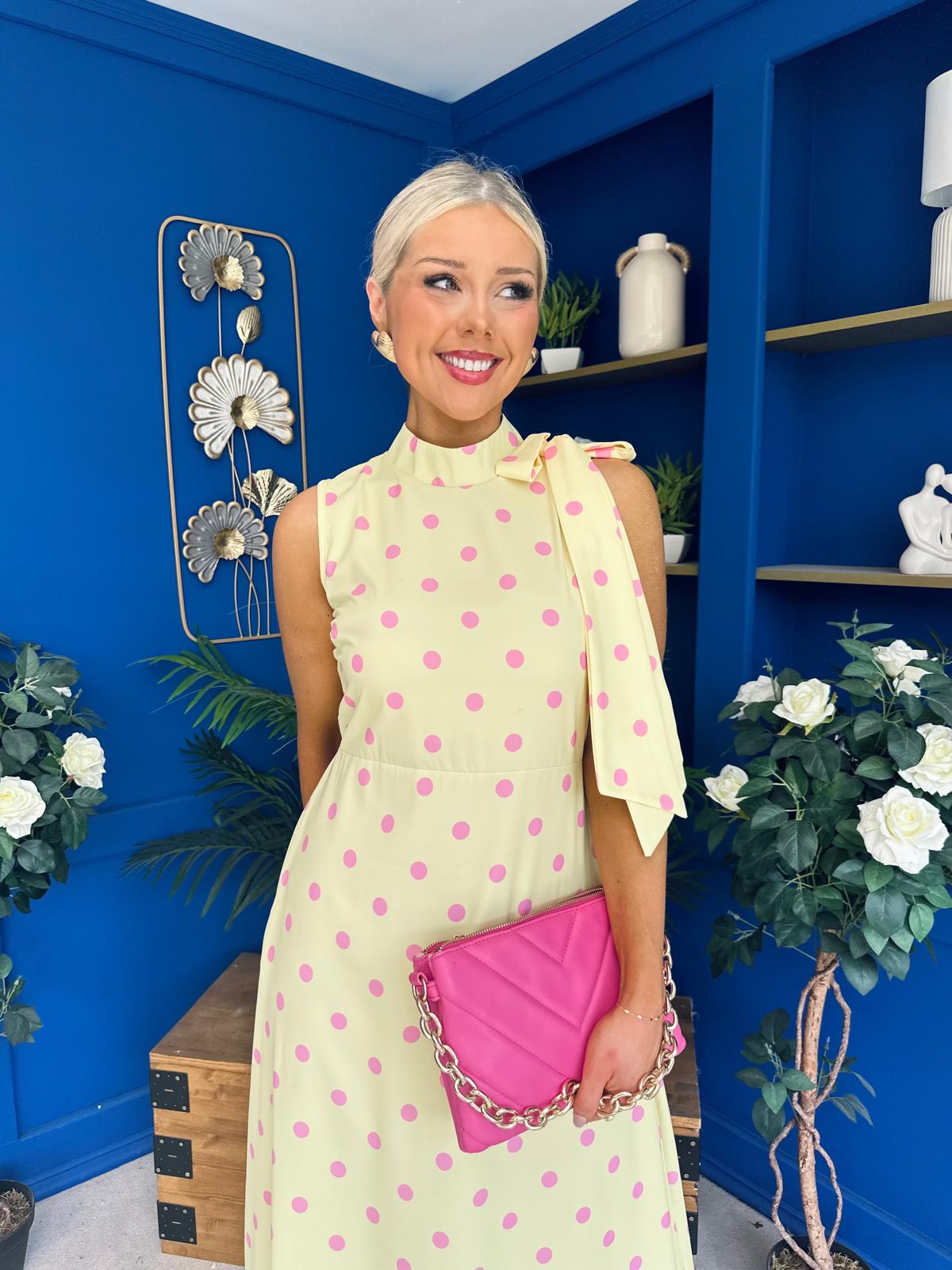 Rita High Neck Bow Detail Midi Dress Polka Yellow
