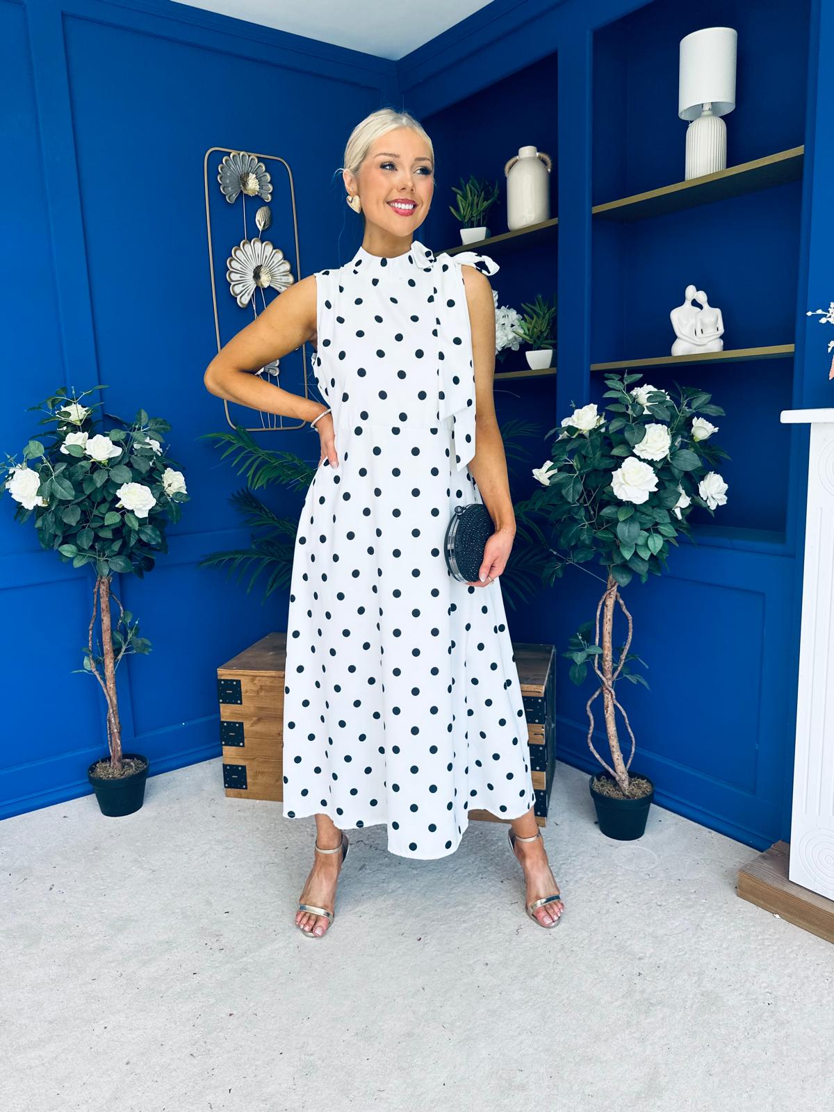 Rita High Neck Bow Detail Midi Dress Polka White