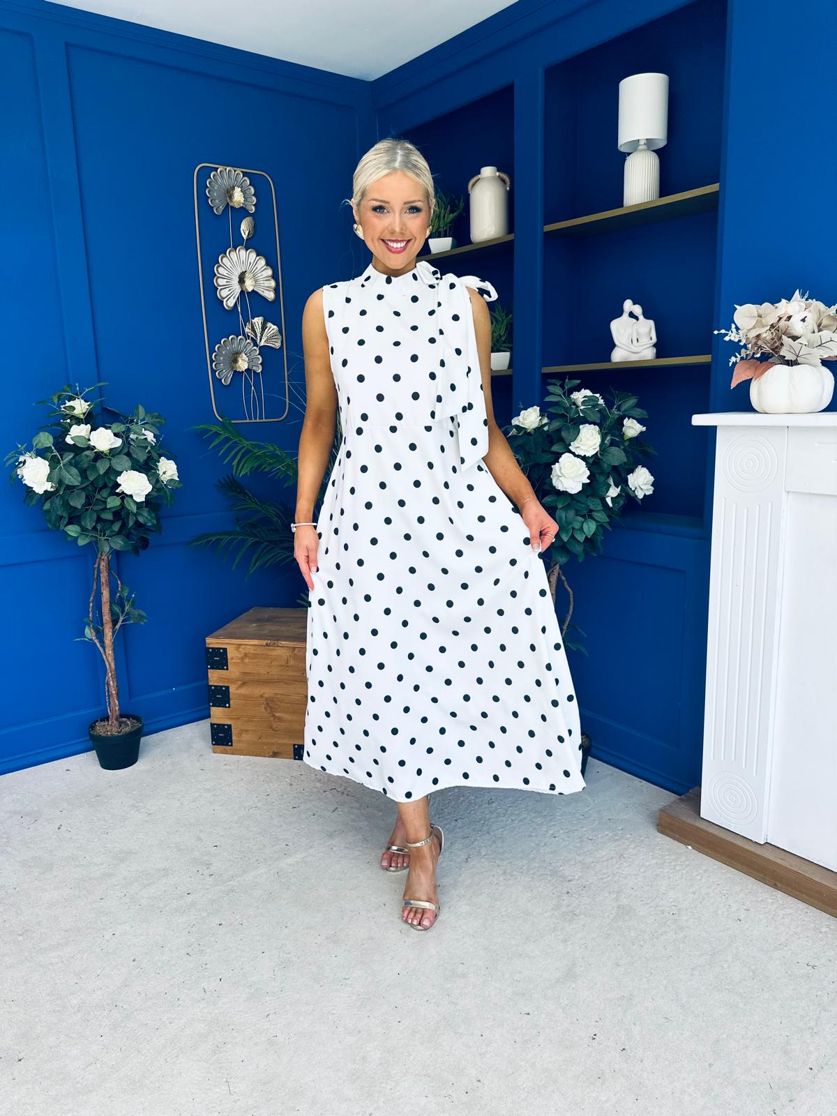 Rita High Neck Bow Detail Midi Dress Polka White