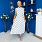 Rita High Neck Bow Detail Midi Dress Polka White