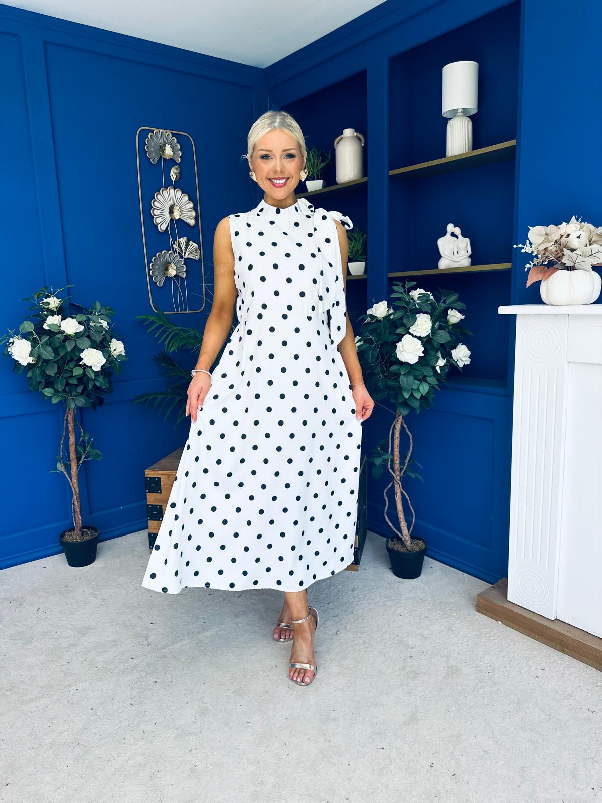 Rita High Neck Bow Detail Midi Dress Polka White