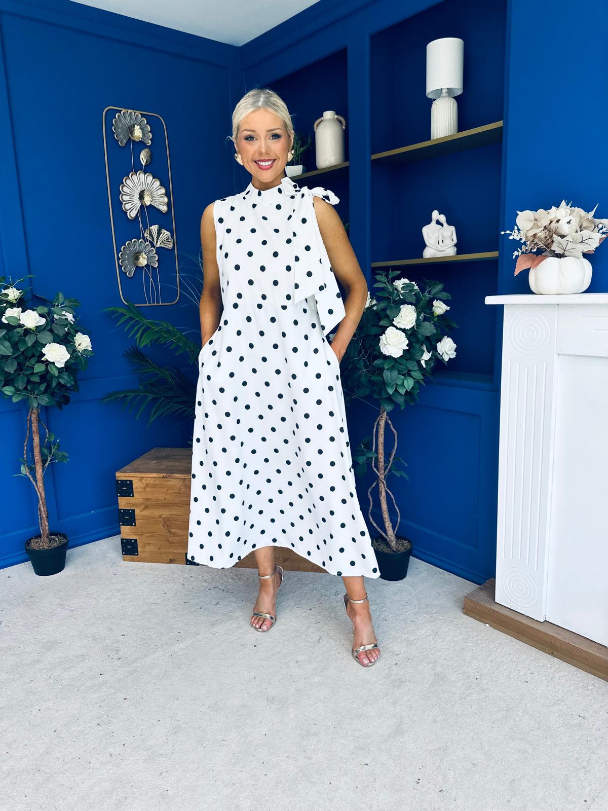 Rita High Neck Bow Detail Midi Dress Polka White