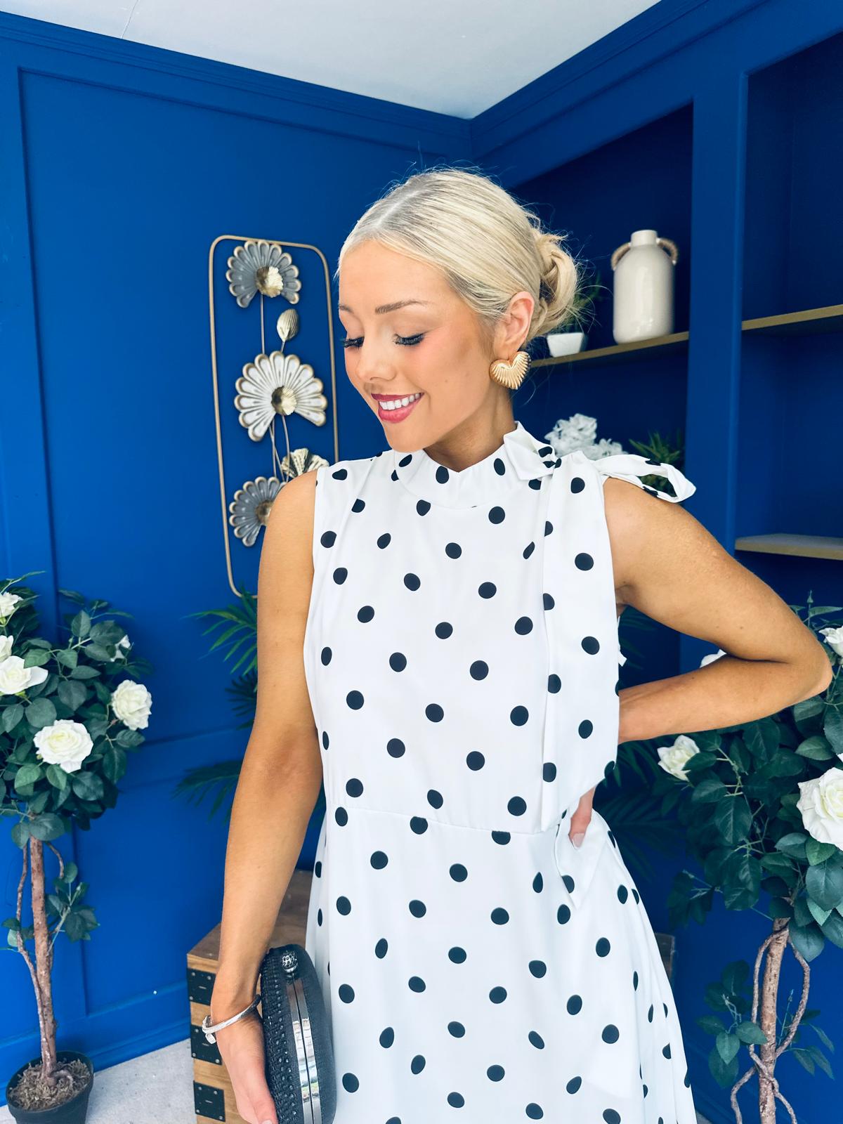 Rita High Neck Bow Detail Midi Dress Polka White