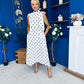 Rita High Neck Bow Detail Midi Dress Polka White