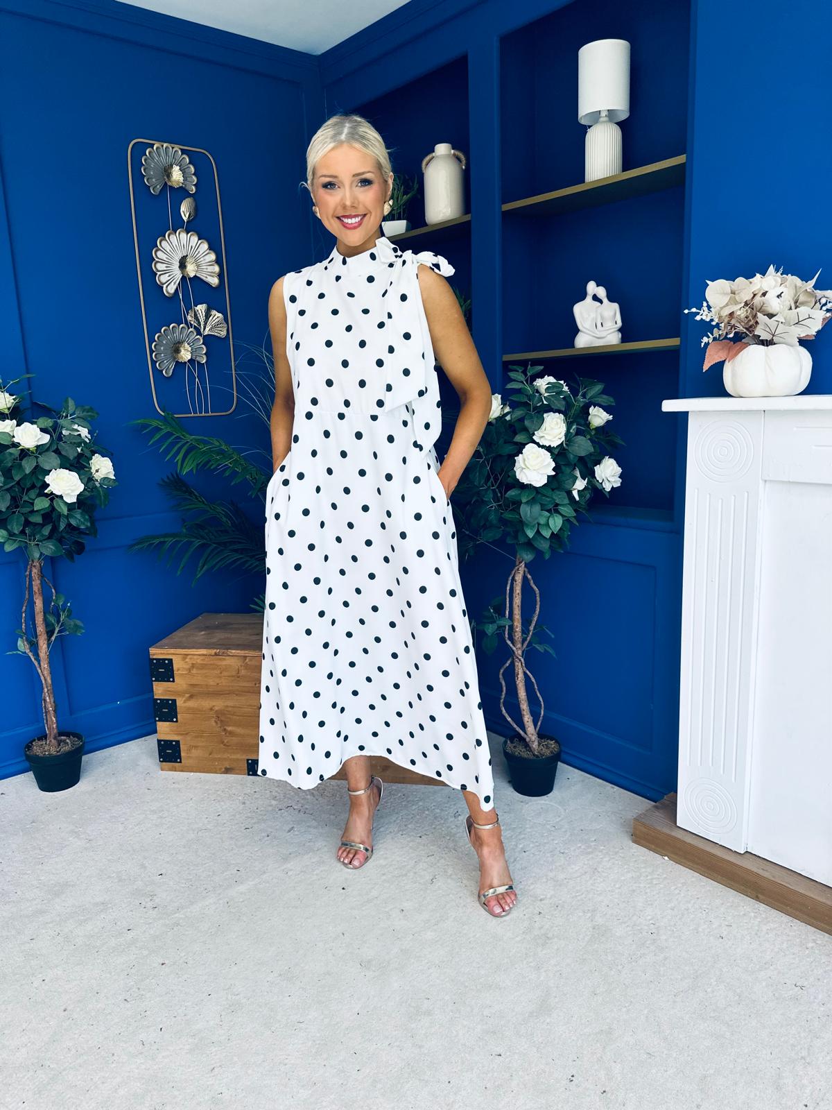 Rita High Neck Bow Detail Midi Dress Polka White
