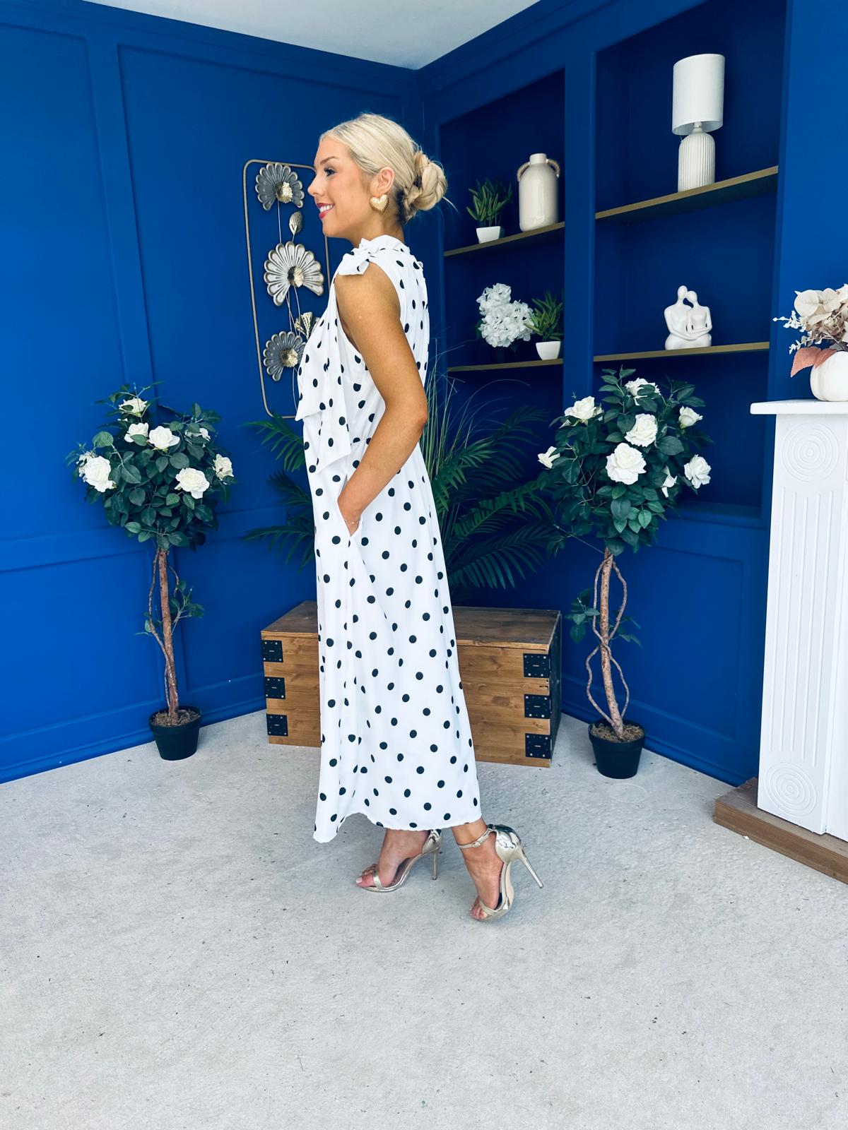 Rita High Neck Bow Detail Midi Dress Polka White
