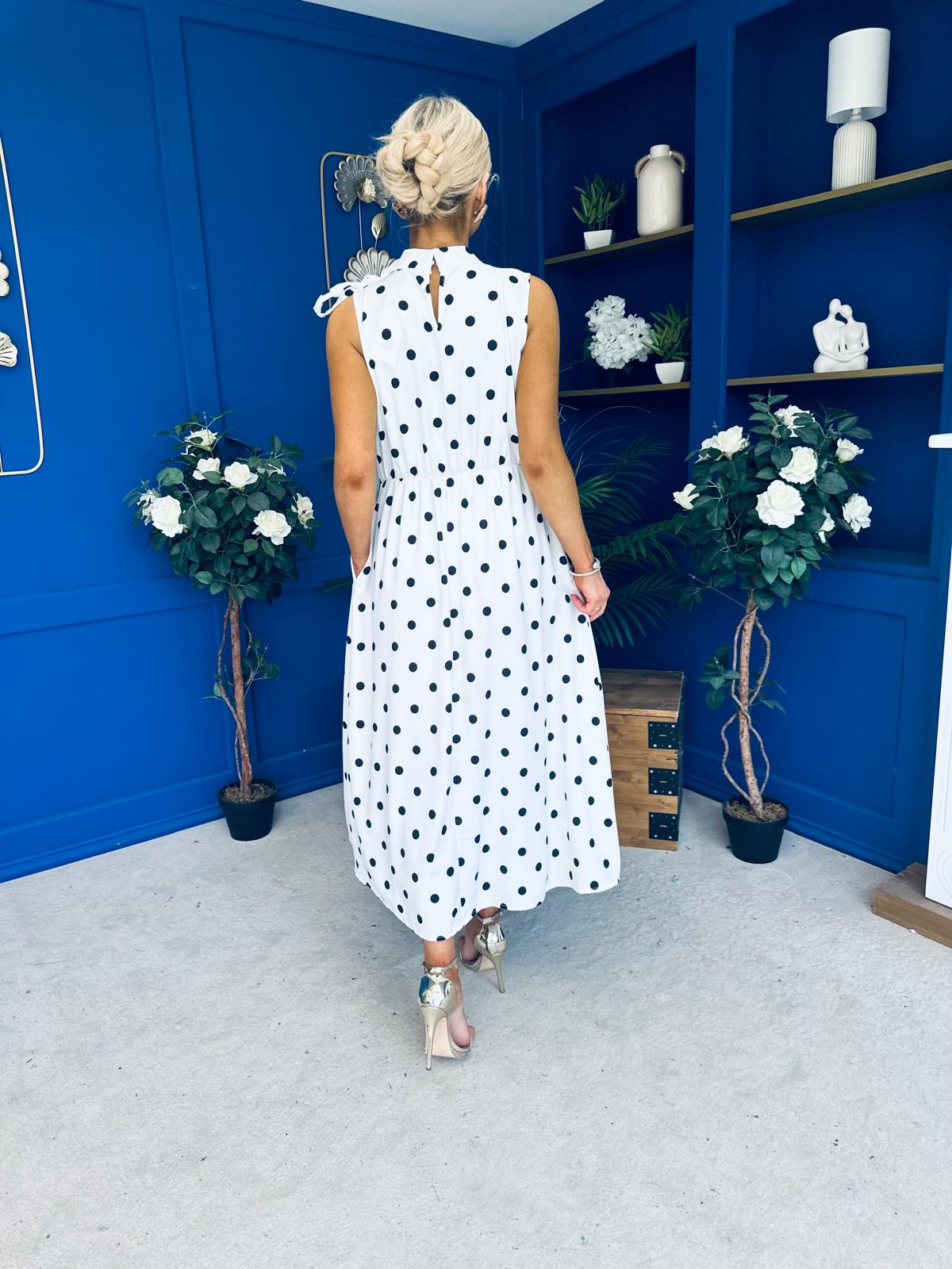 Rita High Neck Bow Detail Midi Dress Polka White
