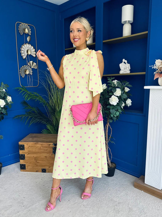 Rita High Neck Bow Detail Midi Dress Polka Yellow