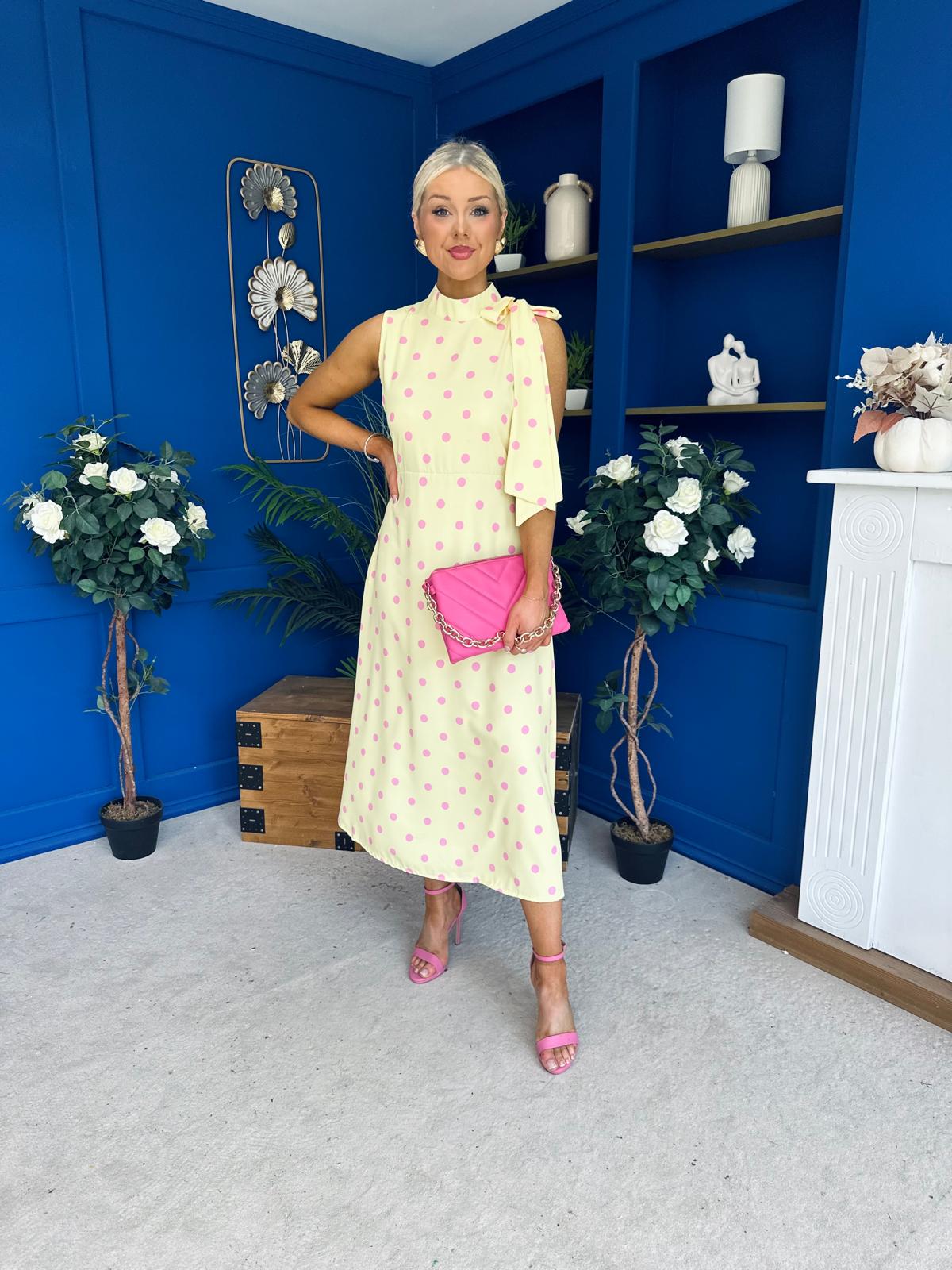 Rita High Neck Bow Detail Midi Dress Polka Yellow