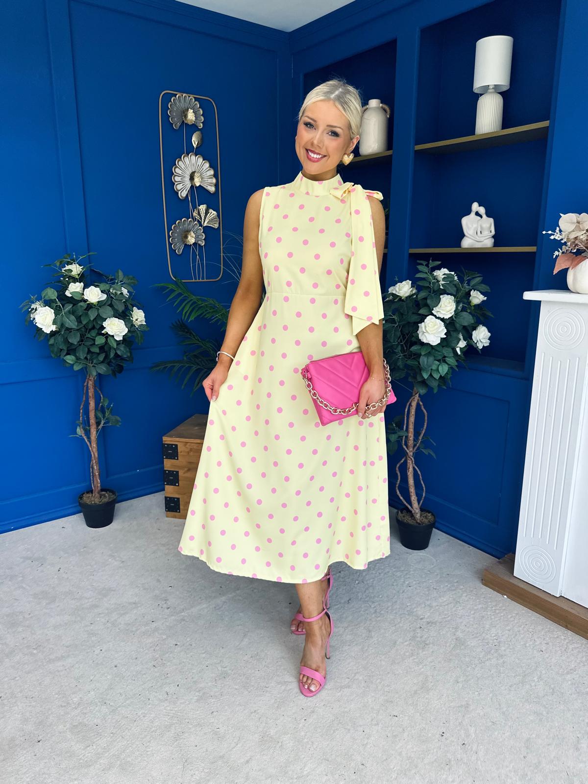 Rita High Neck Bow Detail Midi Dress Polka Yellow