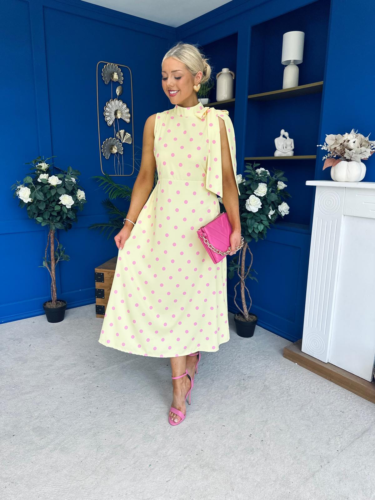 Rita High Neck Bow Detail Midi Dress Polka Yellow