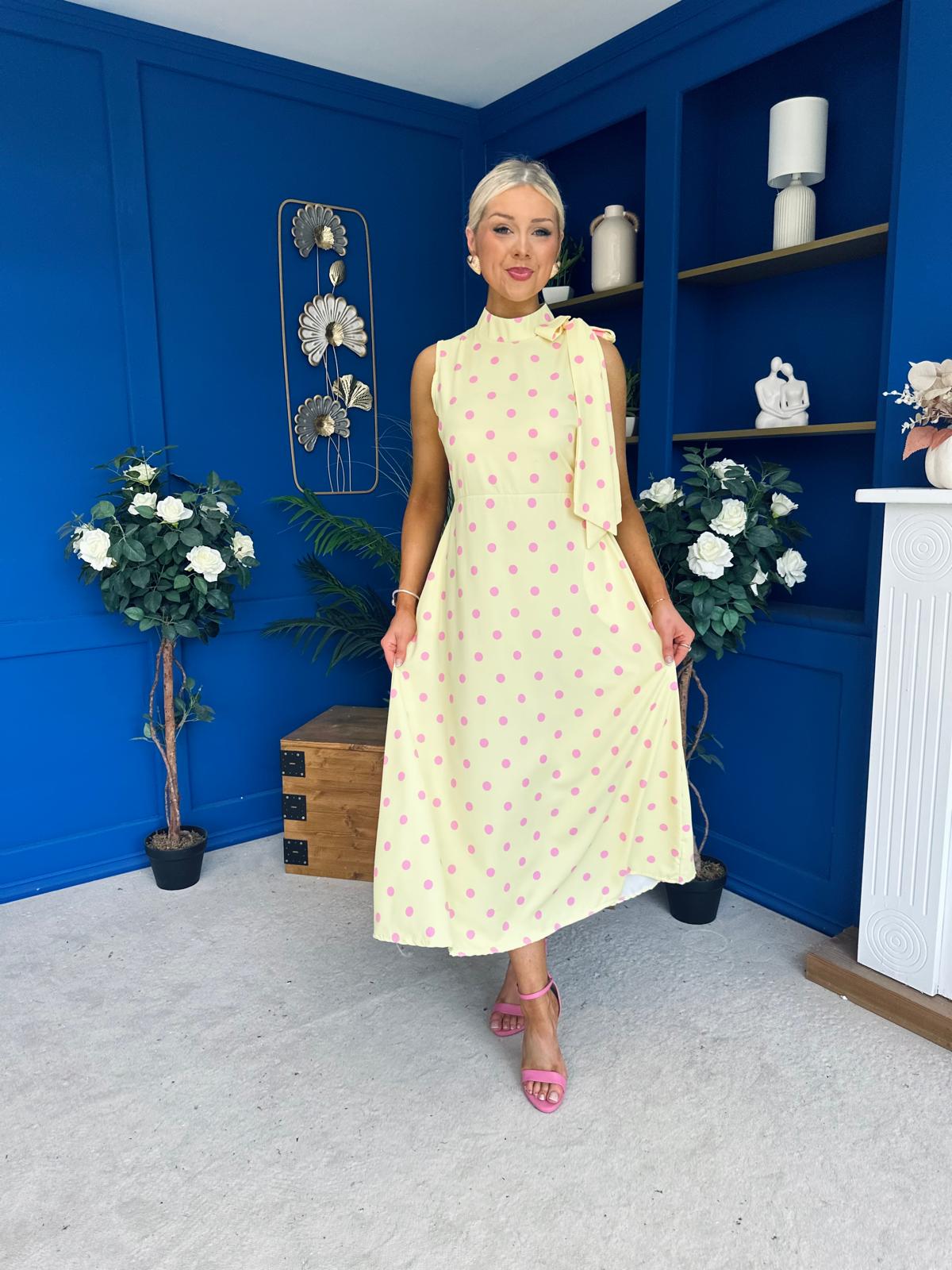Rita High Neck Bow Detail Midi Dress Polka Yellow