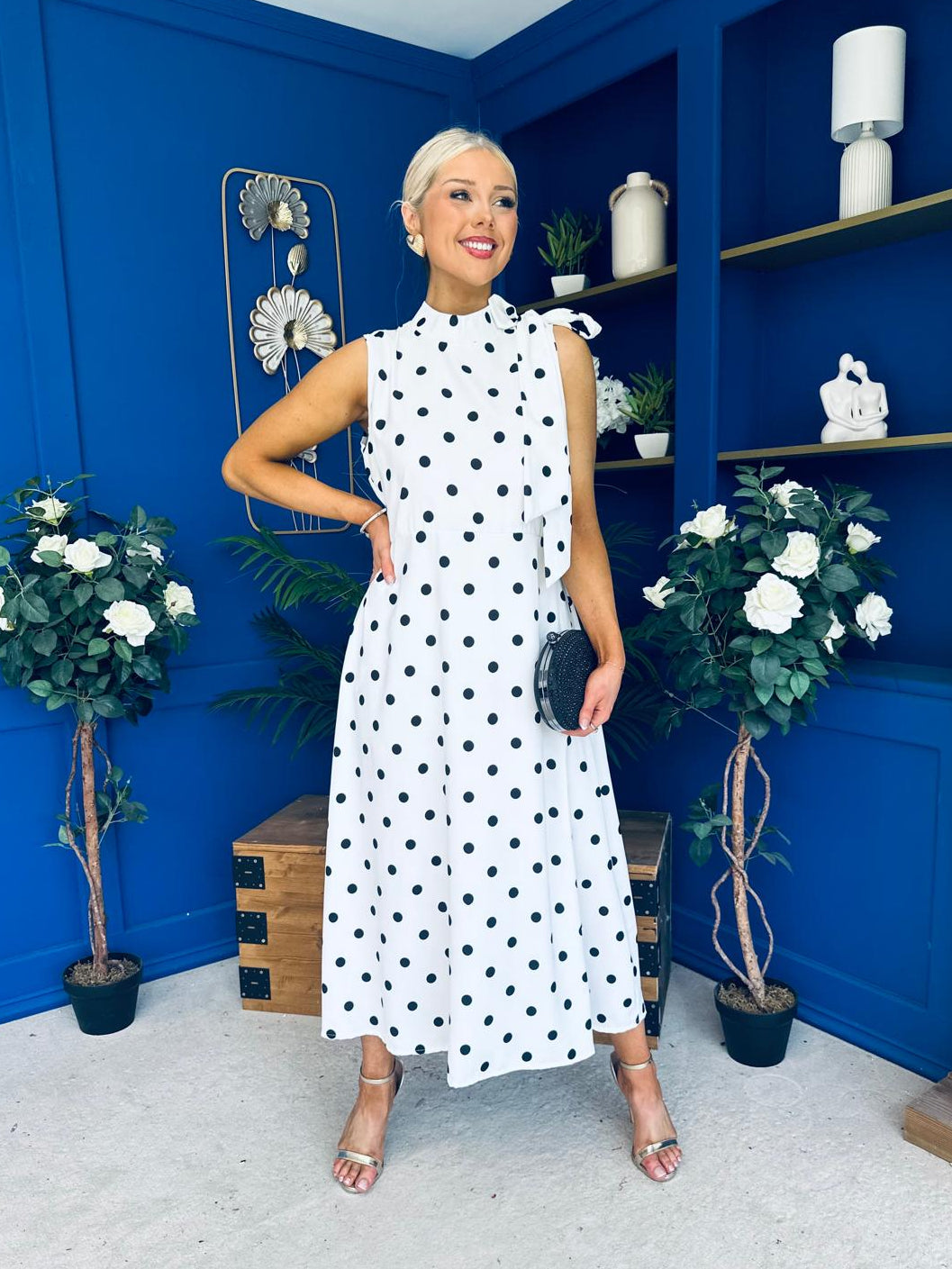Rita High Neck Bow Detail Midi Dress Polka White