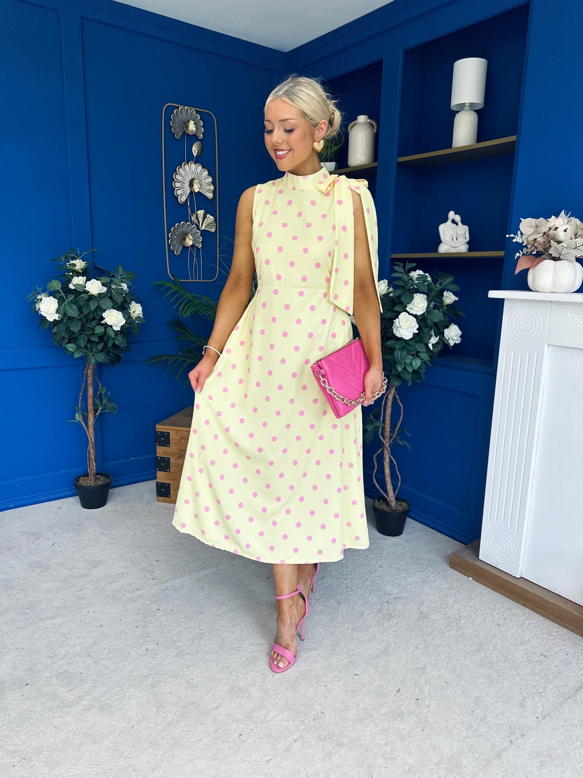 Rita High Neck Bow Detail Midi Dress Polka Yellow