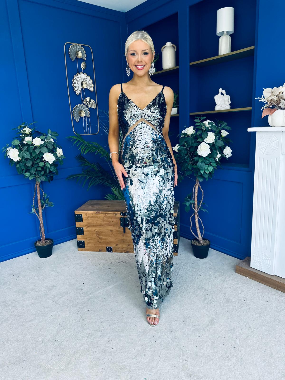 Eliza V Neck Sequin Evening Midi Dress