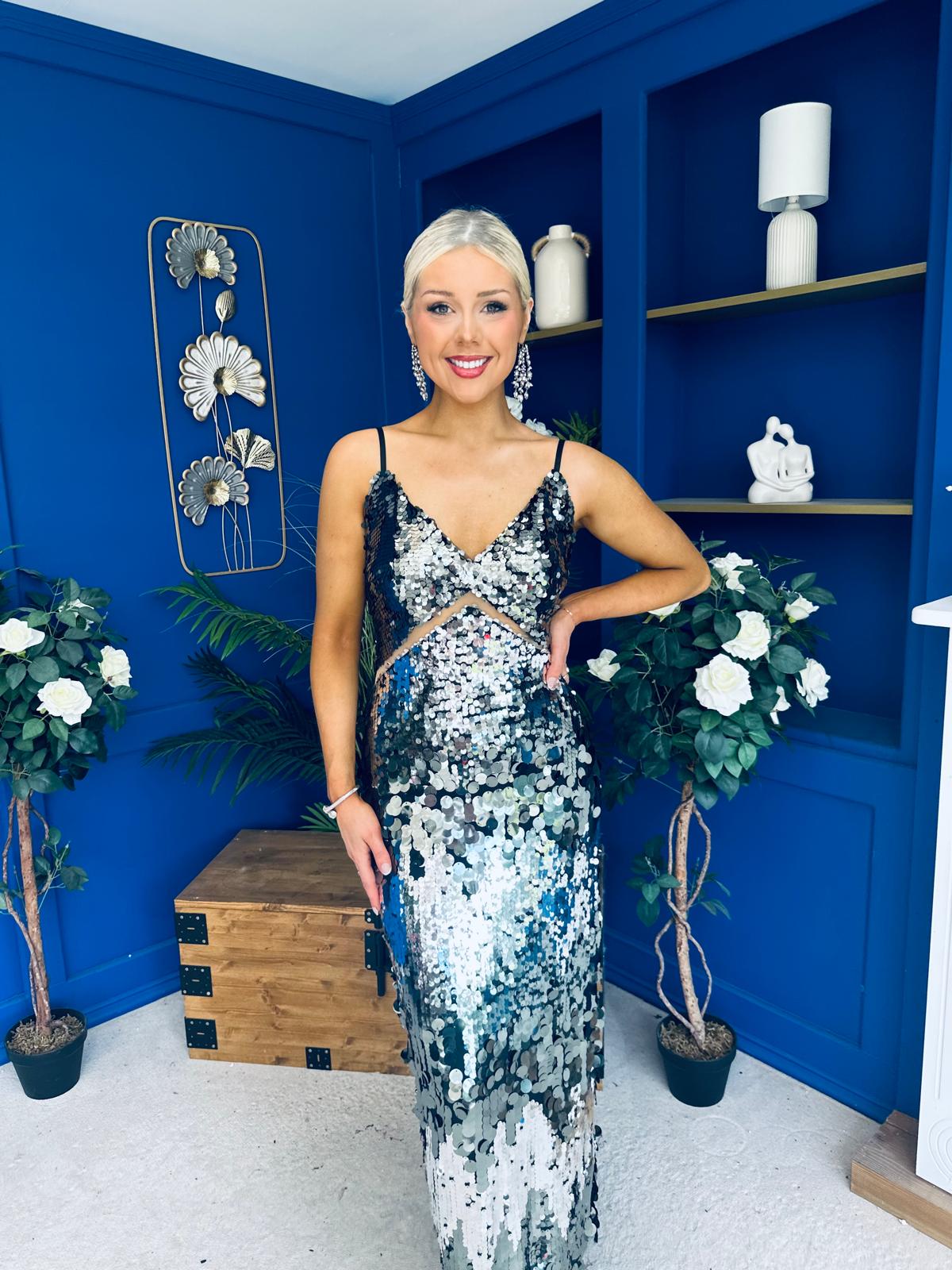Eliza V Neck Sequin Evening Midi Dress