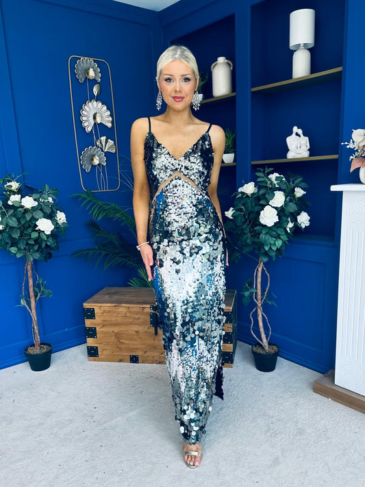 Eliza V Neck Sequin Evening Midi Dress