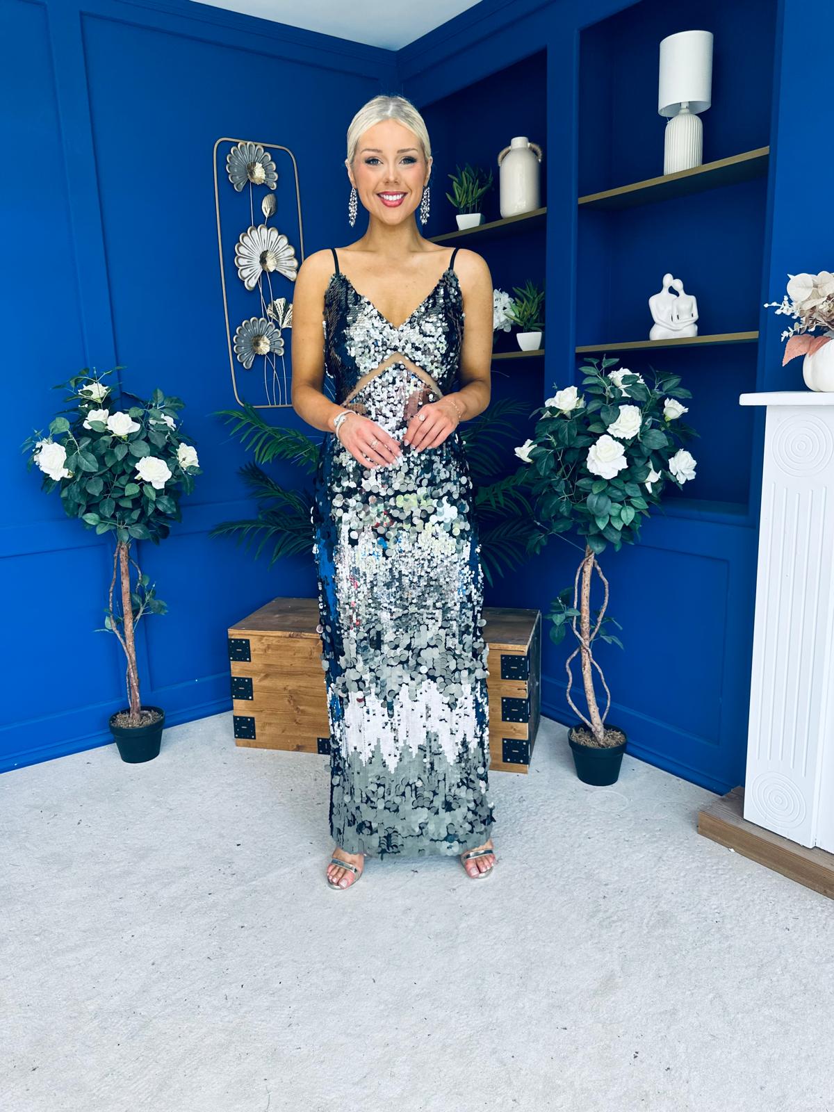 Eliza V Neck Sequin Evening Midi Dress
