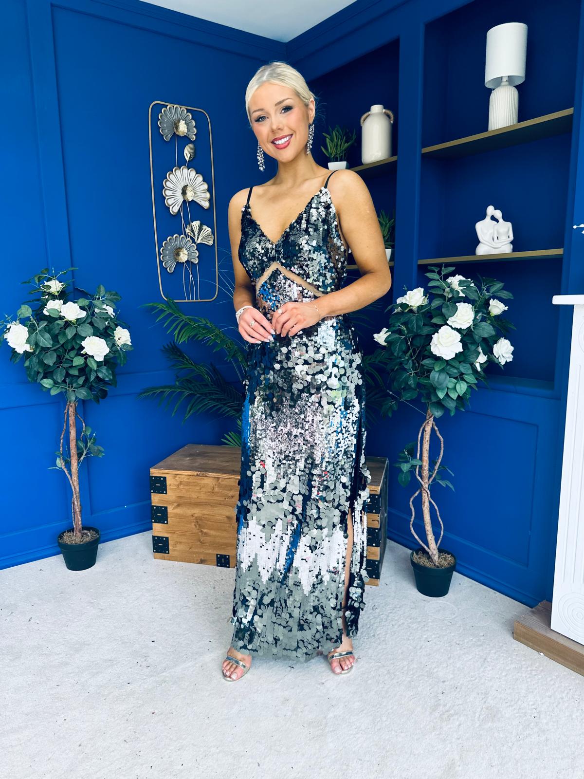 Eliza V Neck Sequin Evening Midi Dress