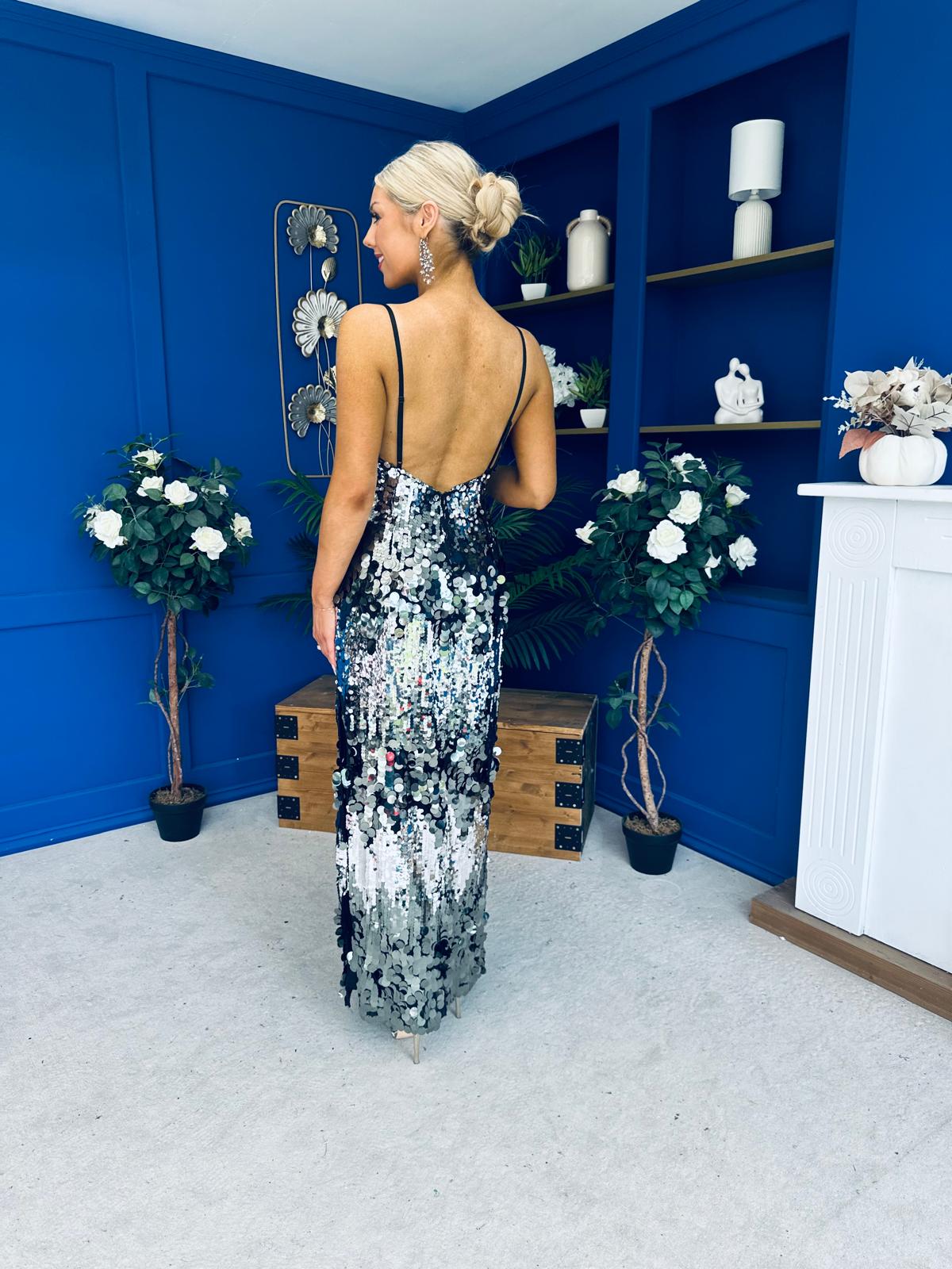 Eliza V Neck Sequin Evening Midi Dress