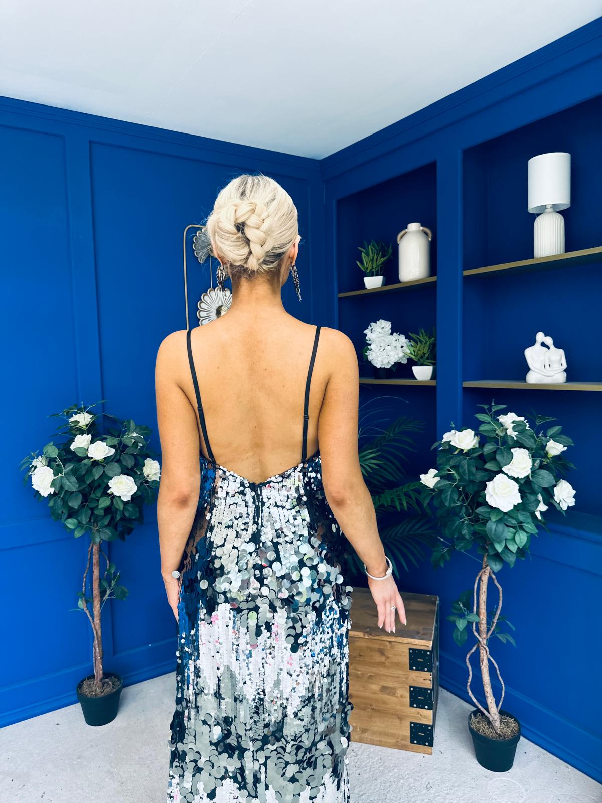 Eliza V Neck Sequin Evening Midi Dress