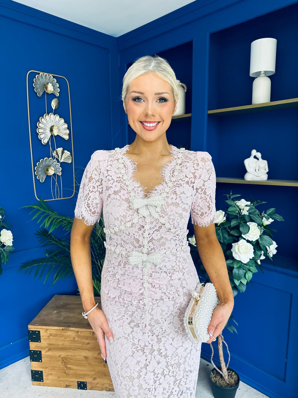 Feara Embellished Lace Occasion Midi Dress Pink