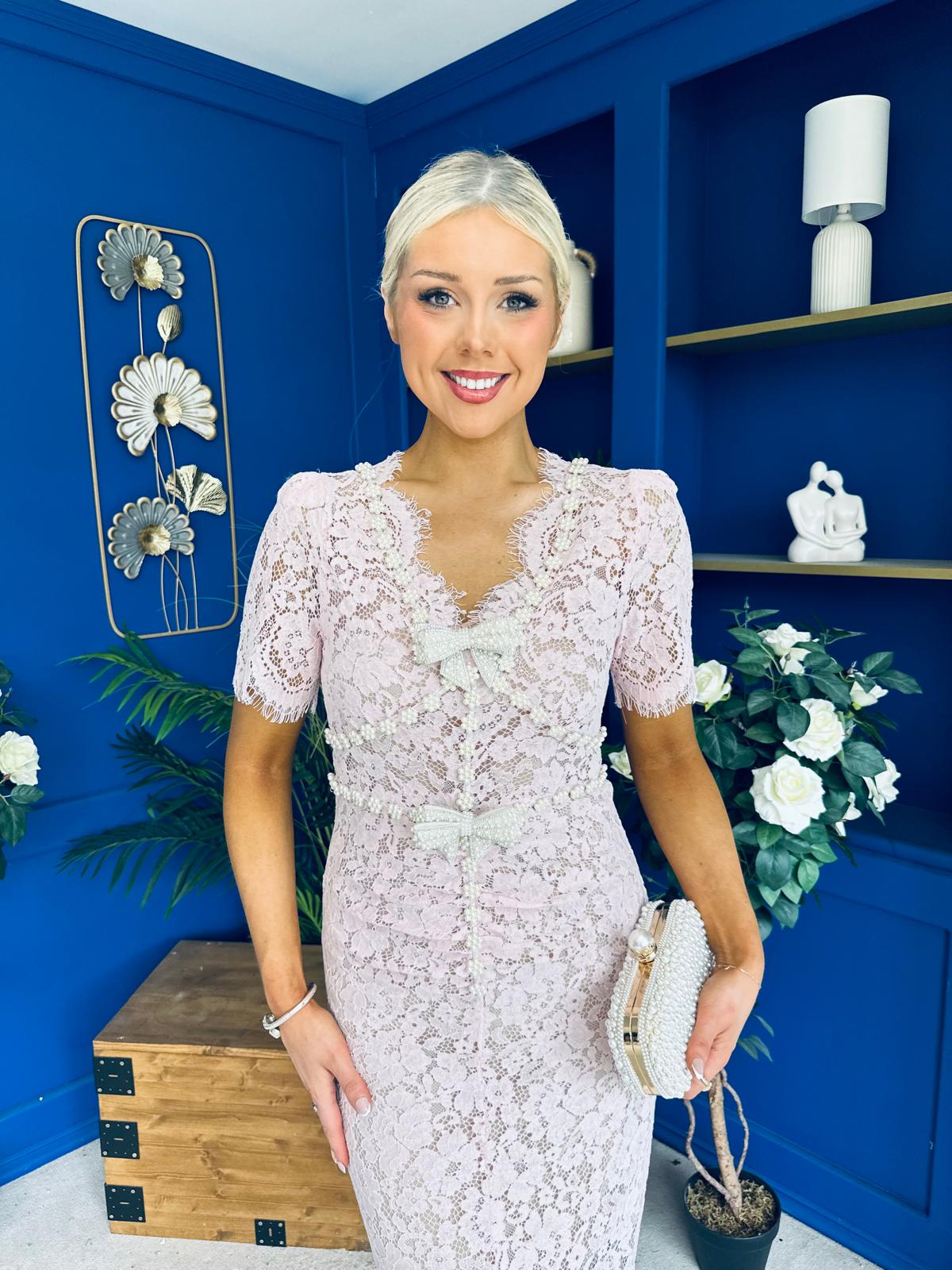 Feara Embellished Lace Occasion Midi Dress Pink
