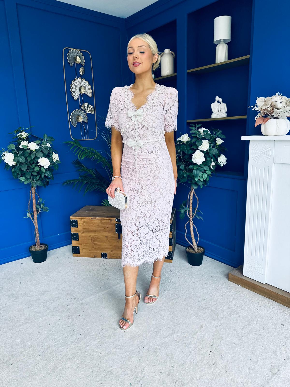Feara Embellished Lace Occasion Midi Dress Pink