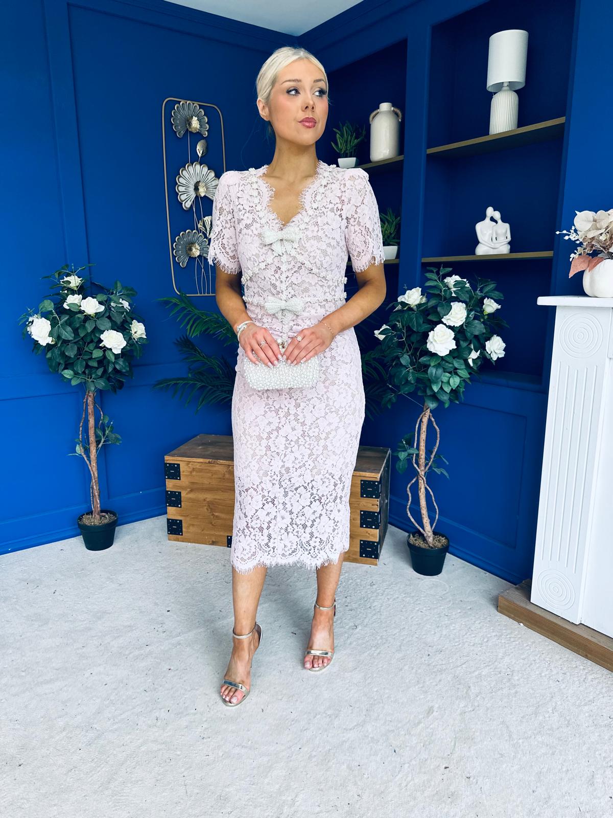 Feara Embellished Lace Occasion Midi Dress Pink