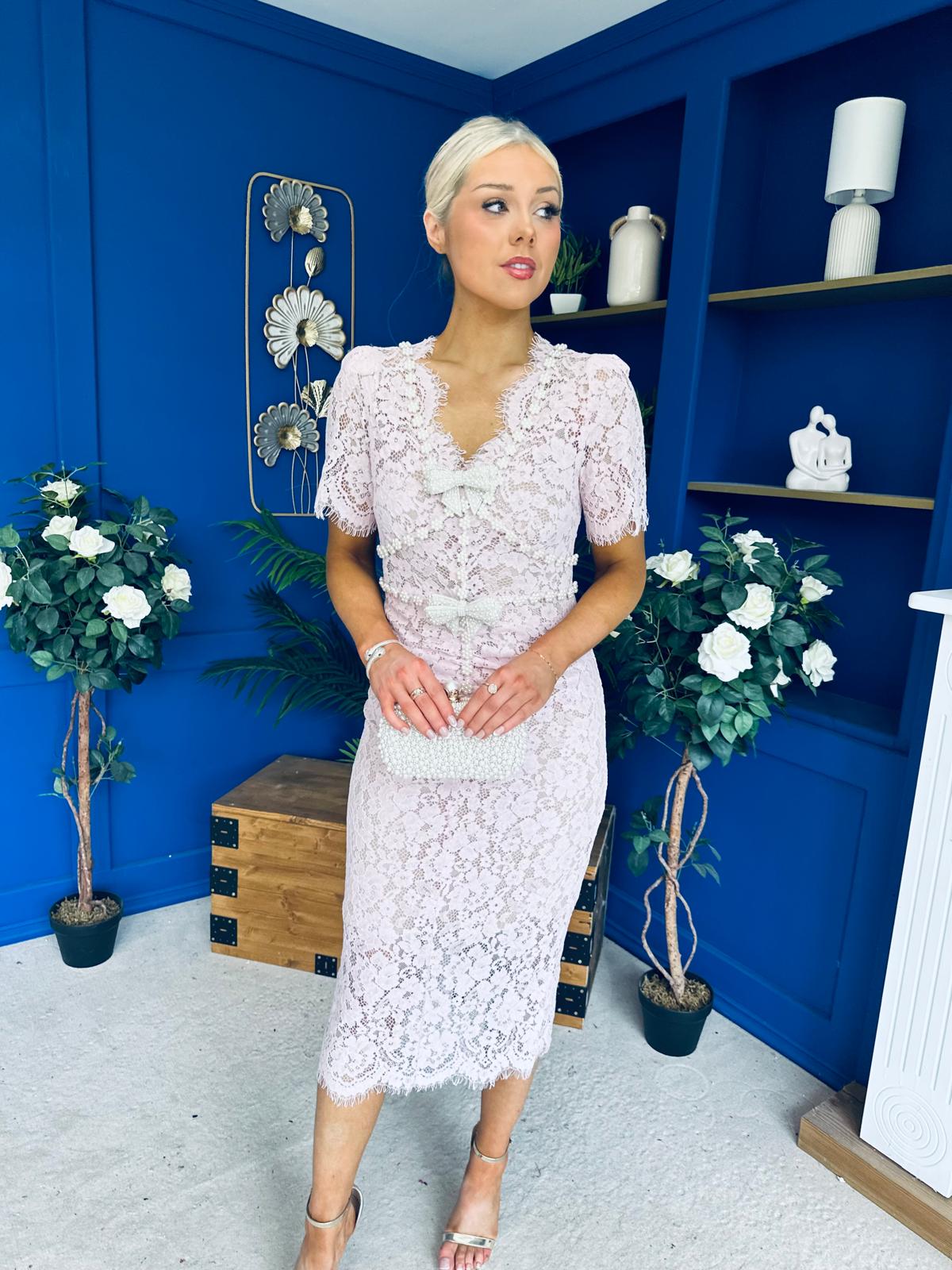 Feara Embellished Lace Occasion Midi Dress Pink