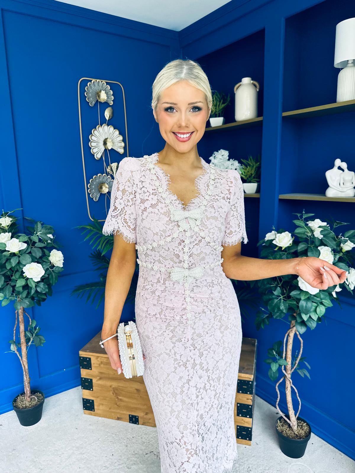 Feara Embellished Lace Occasion Midi Dress Pink