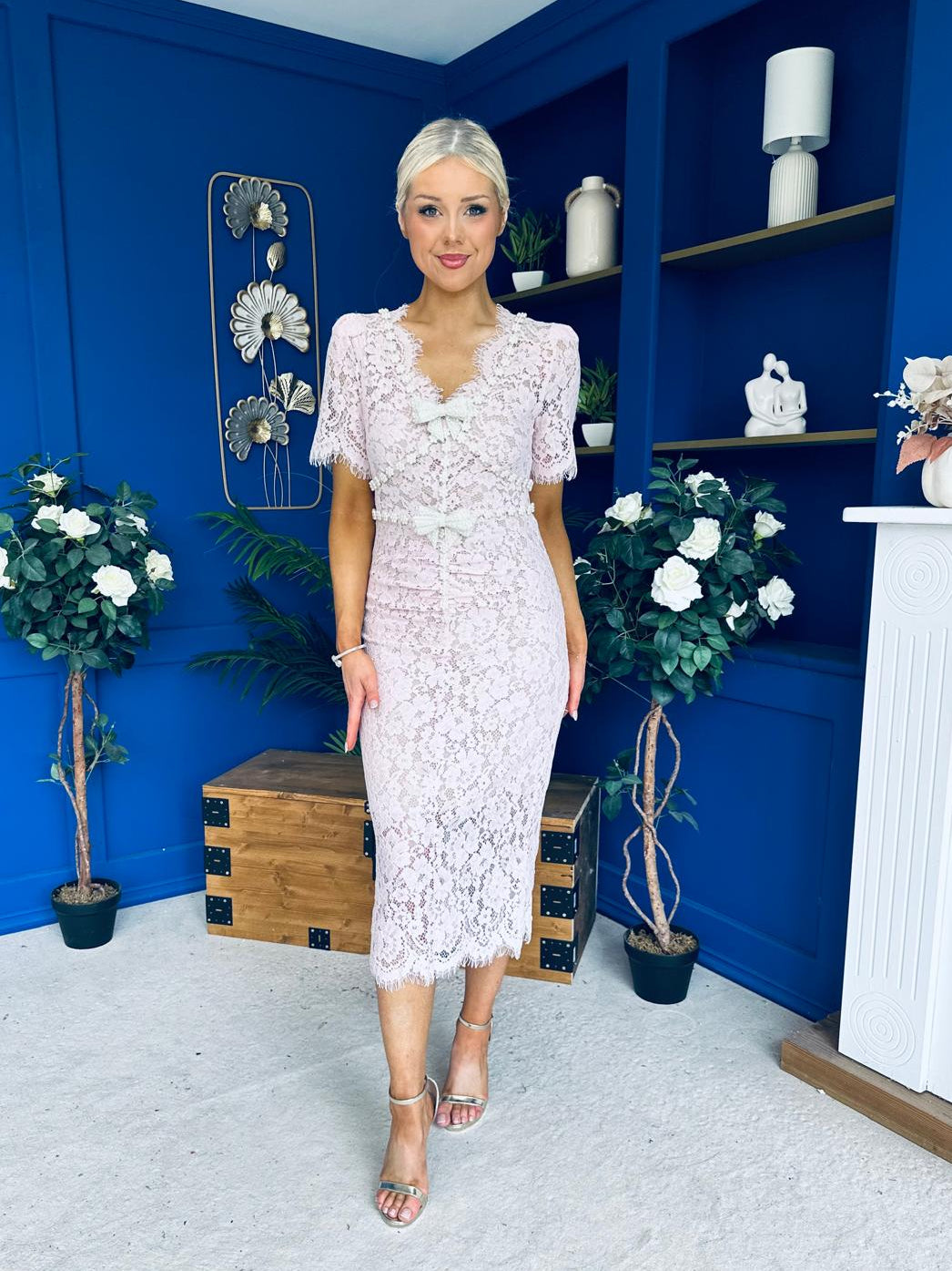 Feara Embellished Lace Occasion Midi Dress Pink