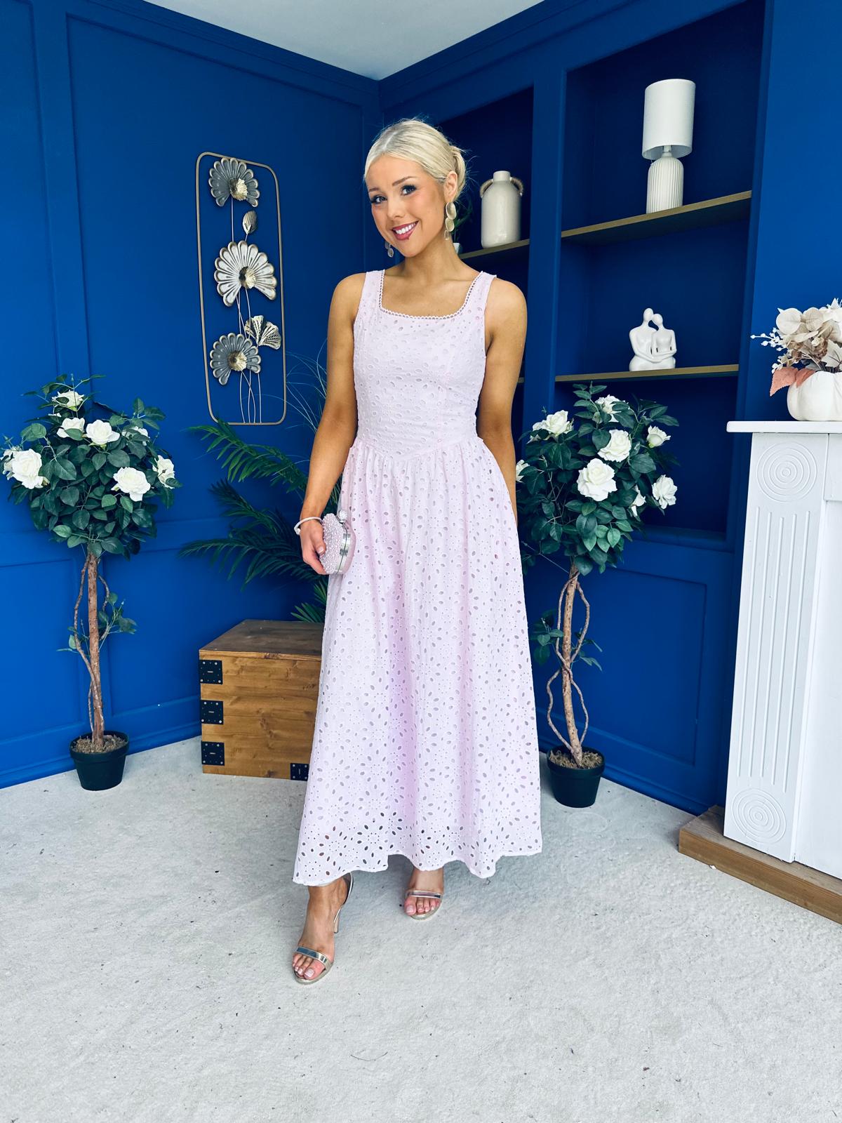 Vera Crochet Detail Occasion Midi Dress Pink