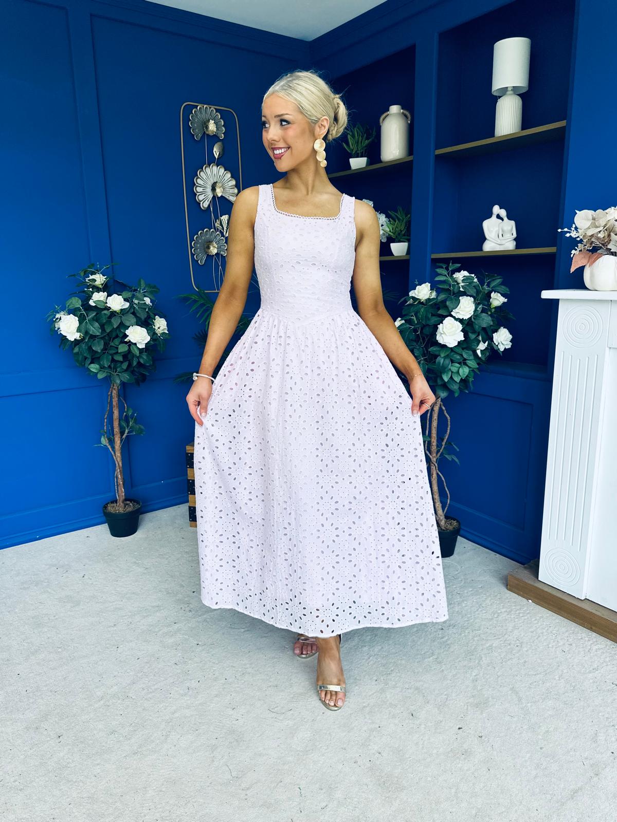 Vera Crochet Detail Occasion Midi Dress Pink