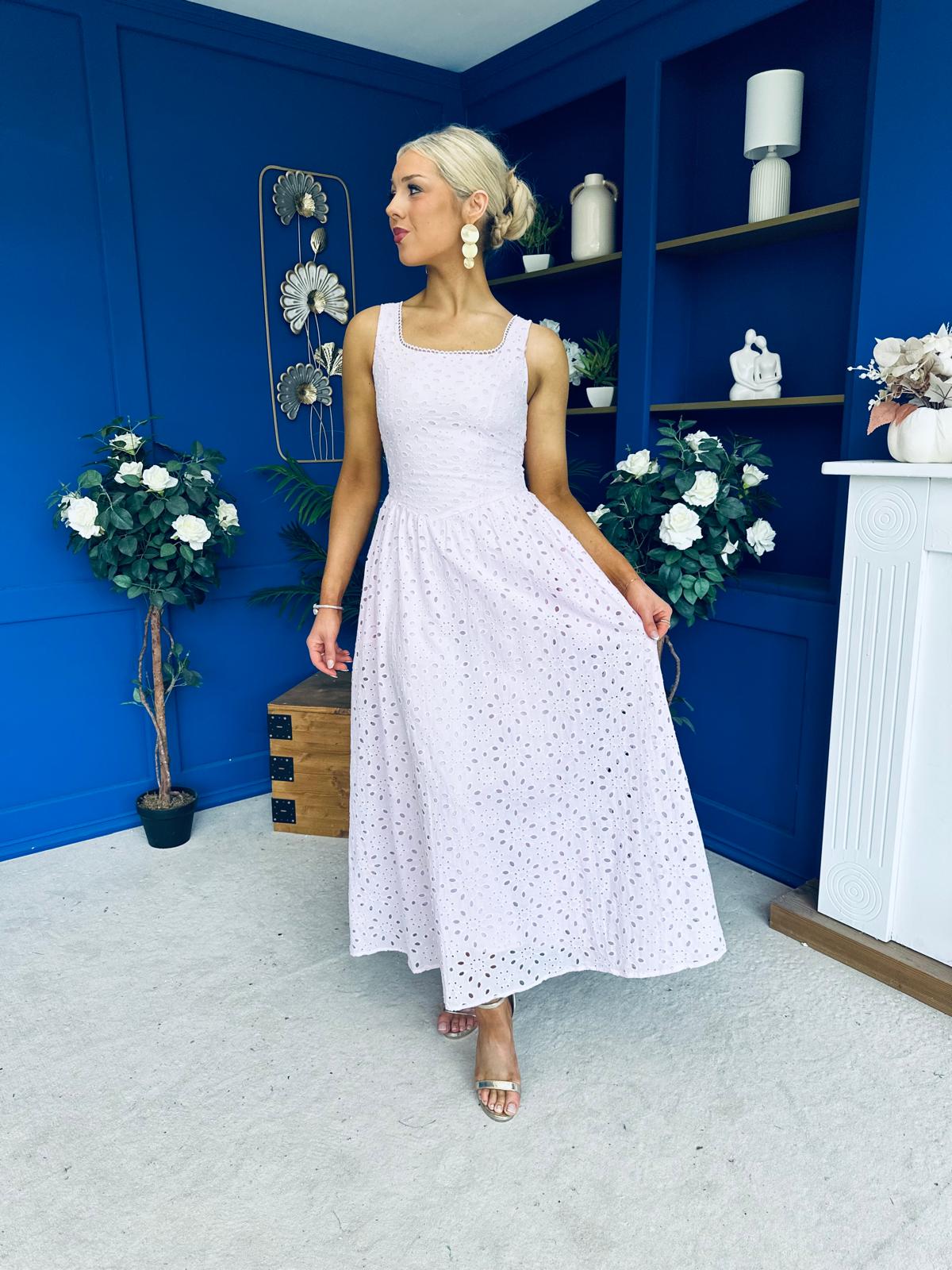 Vera Crochet Detail Occasion Midi Dress Pink