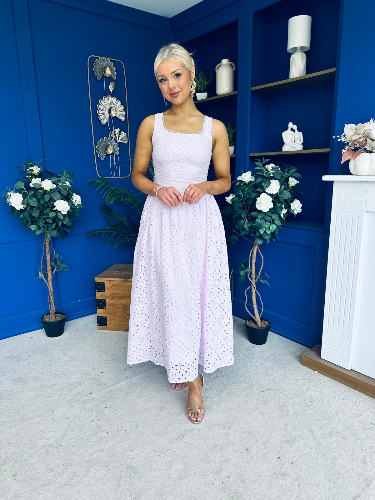 Vera Crochet Detail Occasion Midi Dress Pink