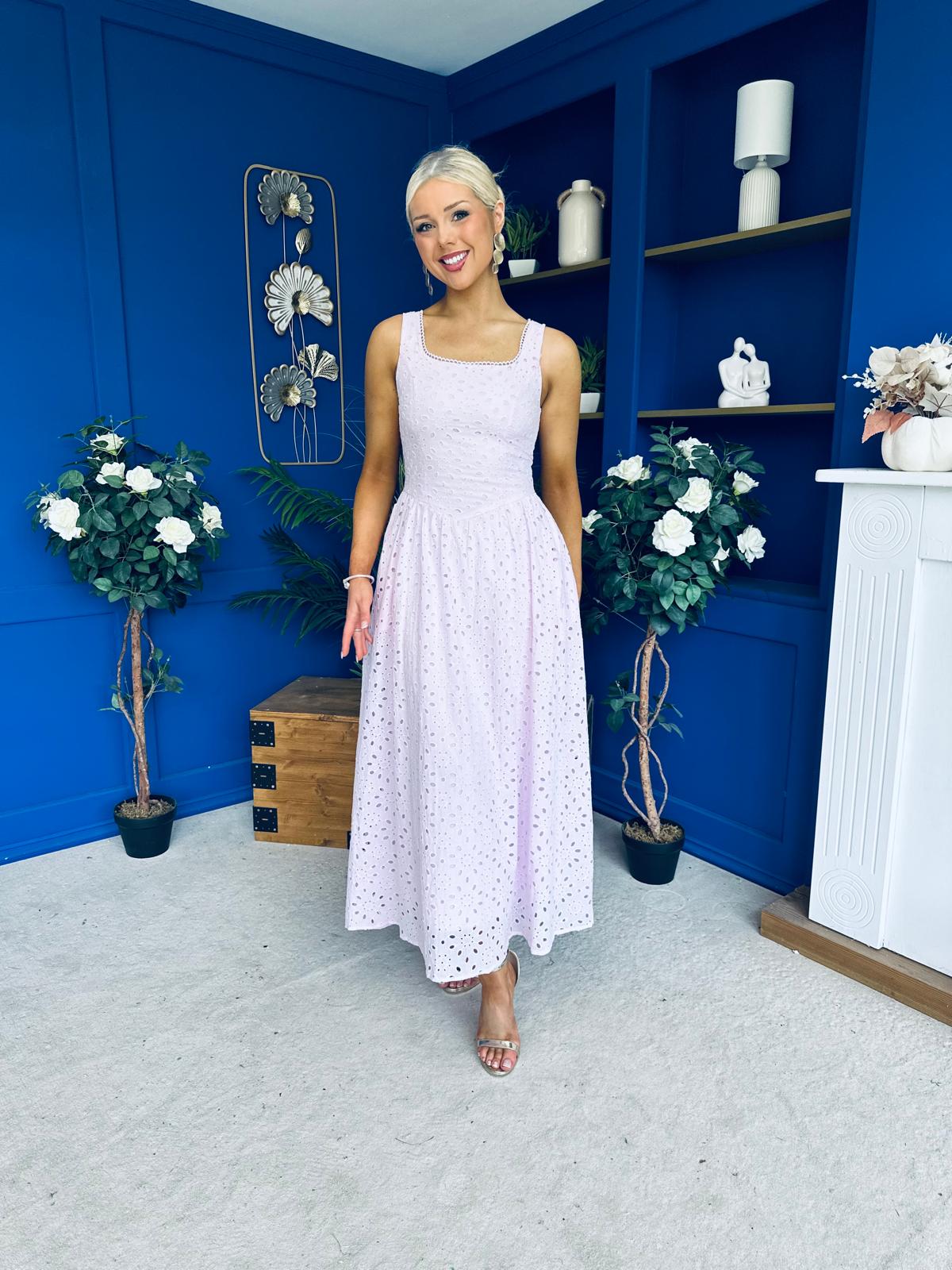 Vera Crochet Detail Occasion Midi Dress Pink
