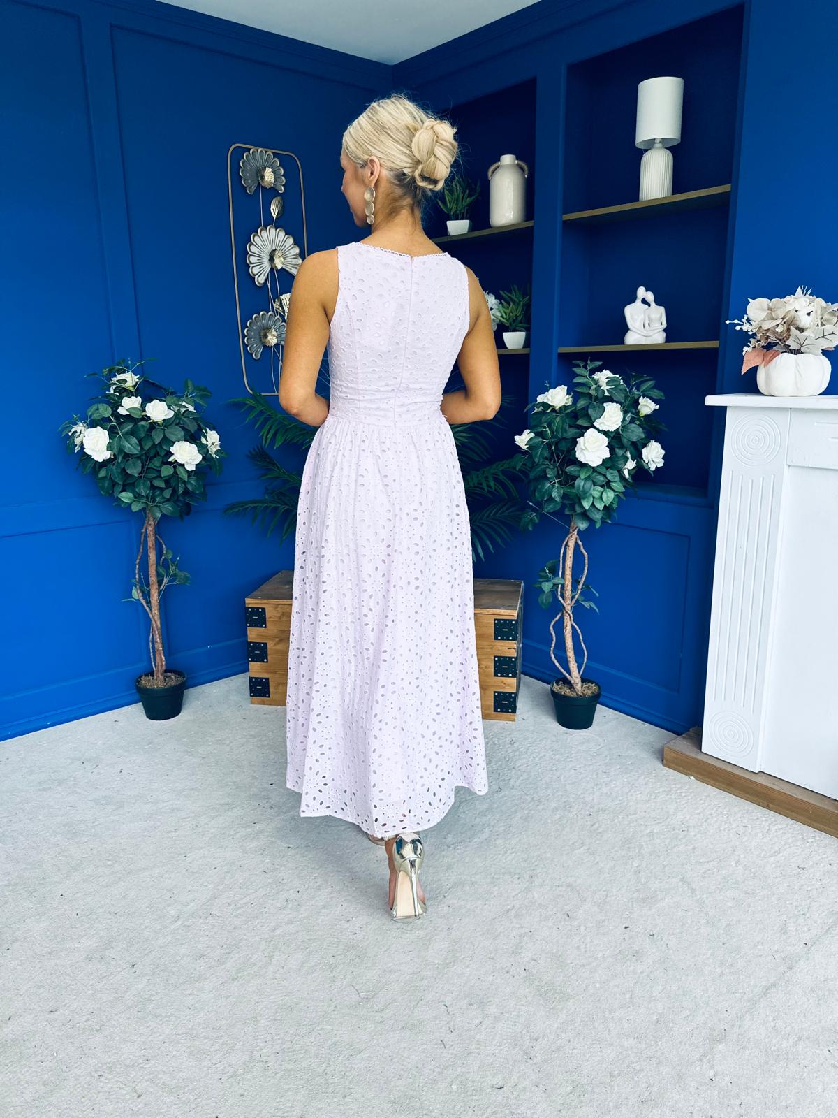 Vera Crochet Detail Occasion Midi Dress Pink