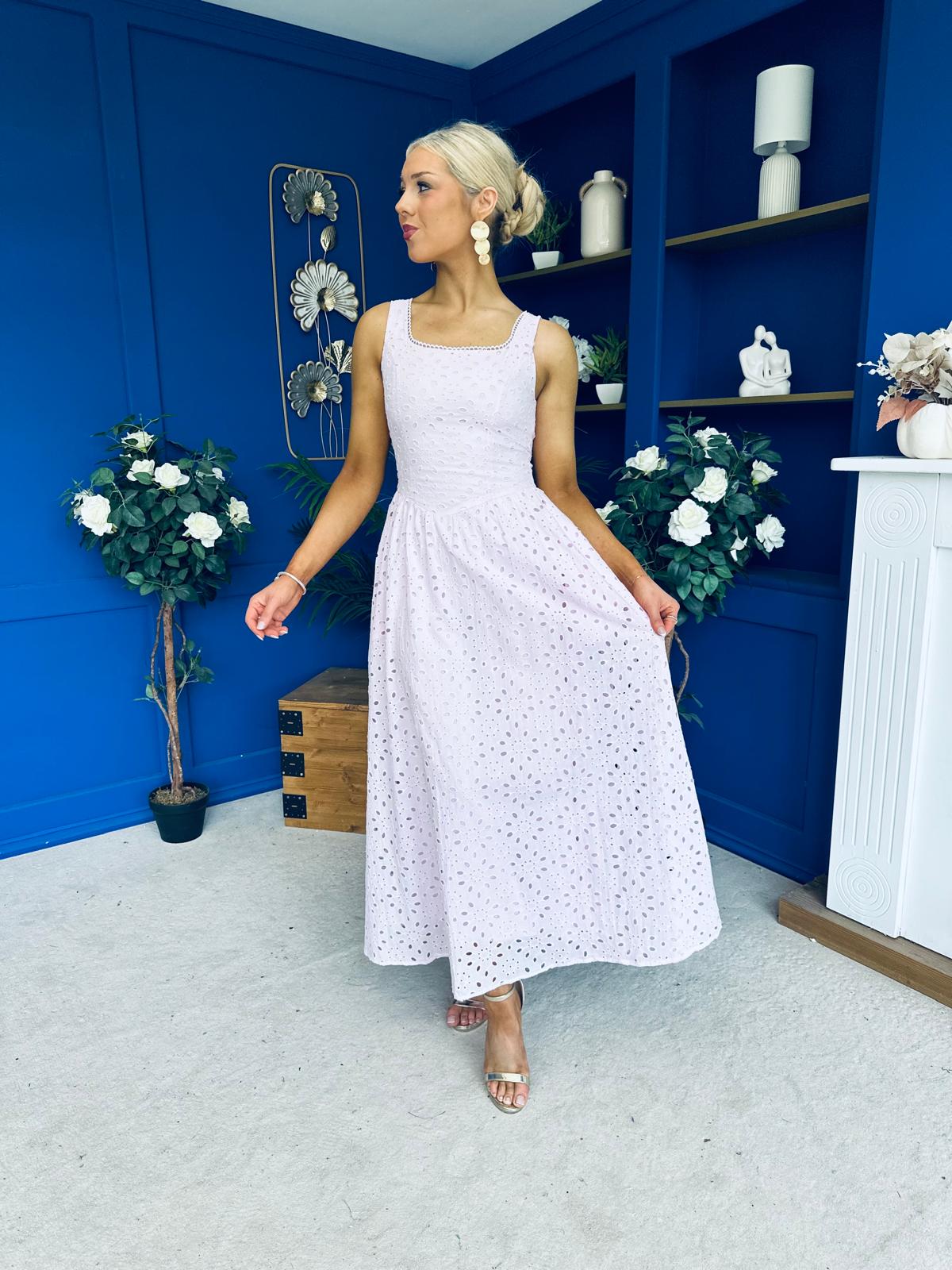 Vera Crochet Detail Occasion Midi Dress Pink