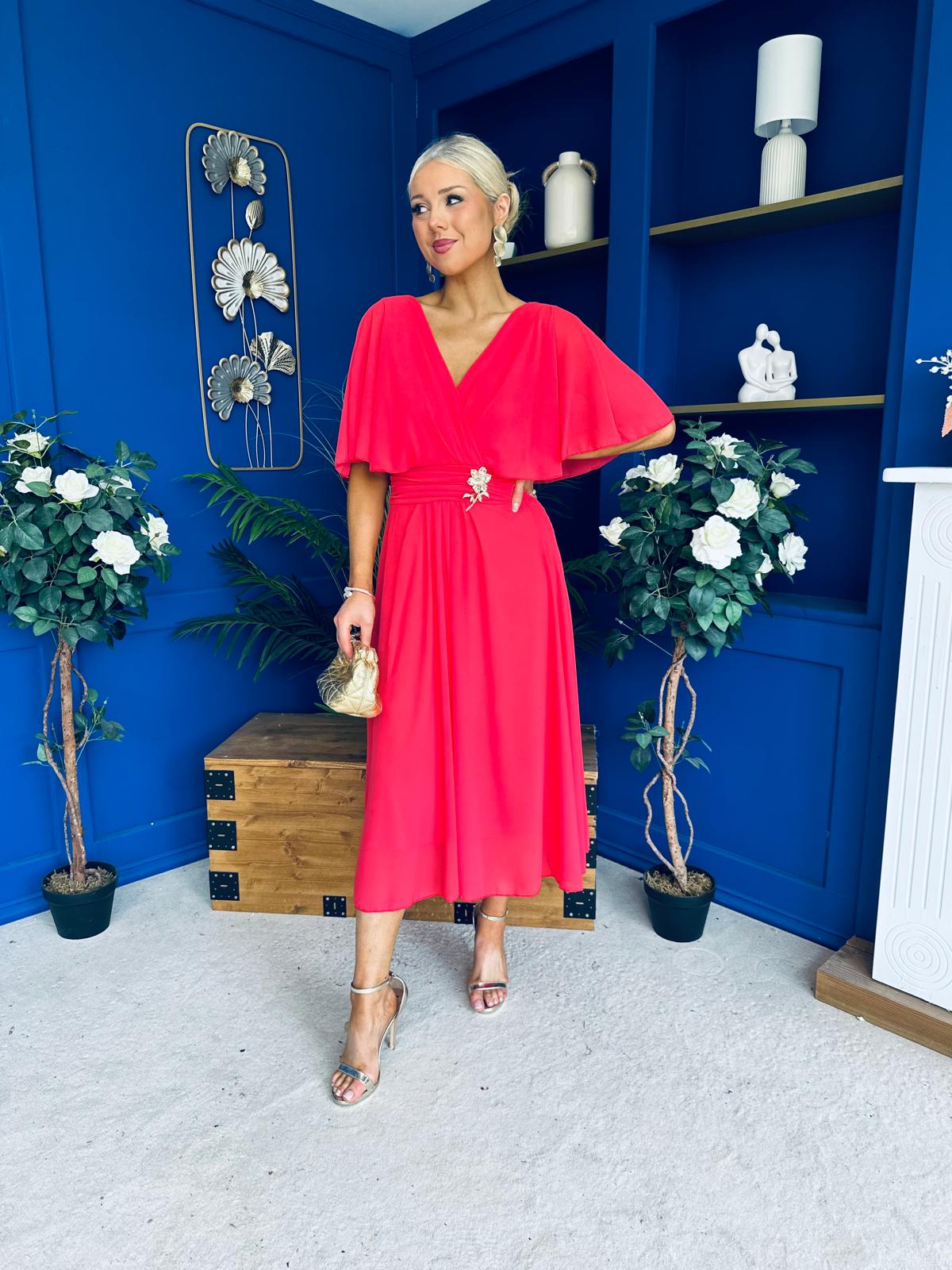 Nancy Cape Detailed Midi Dress Coral