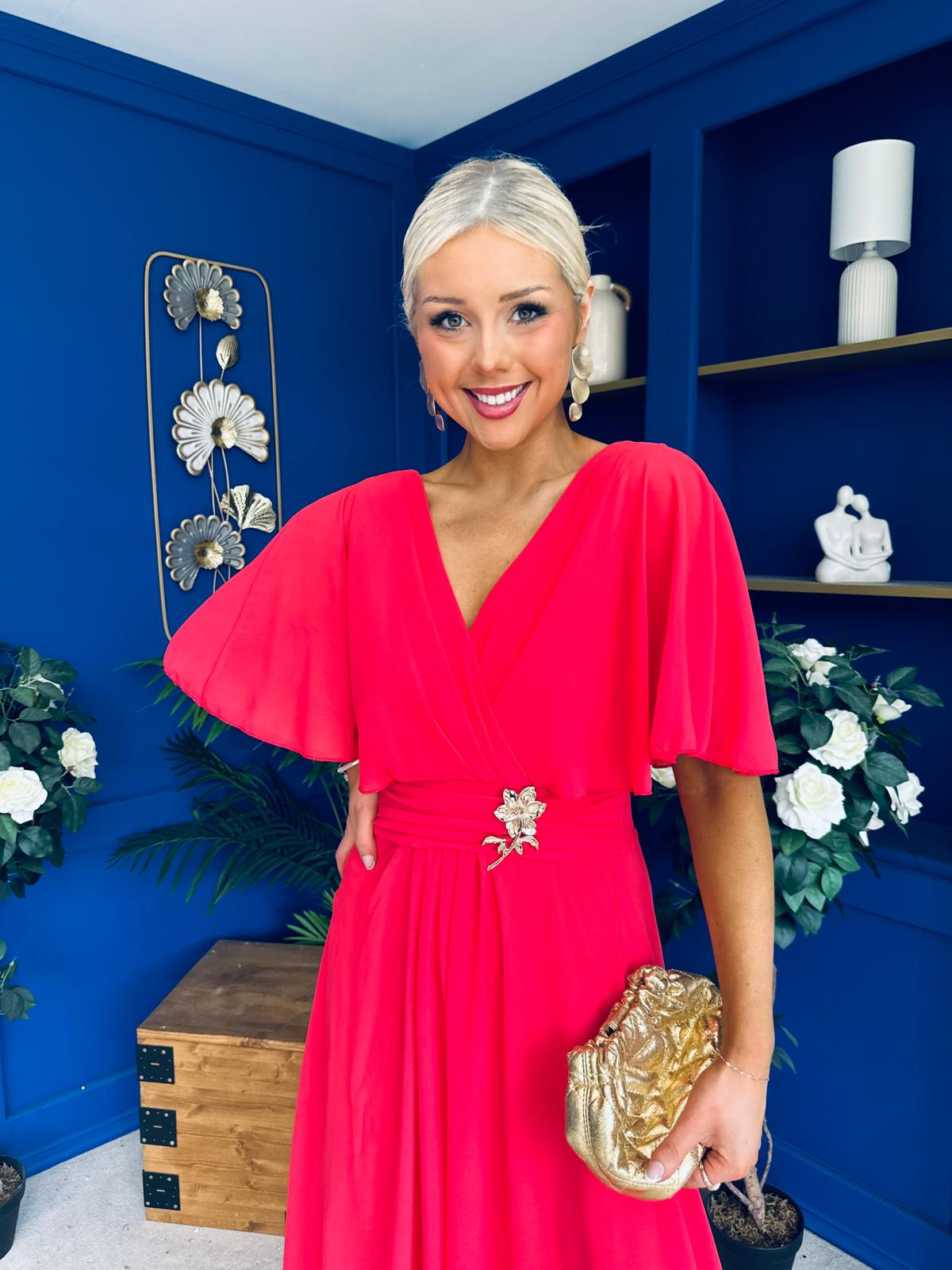 Nancy Cape Detailed Midi Dress Coral
