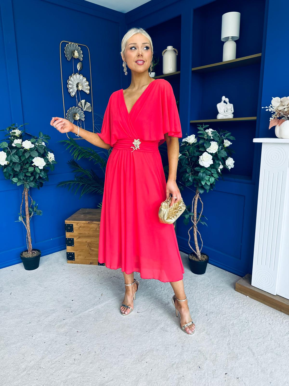 Nancy Cape Detailed Midi Dress Coral
