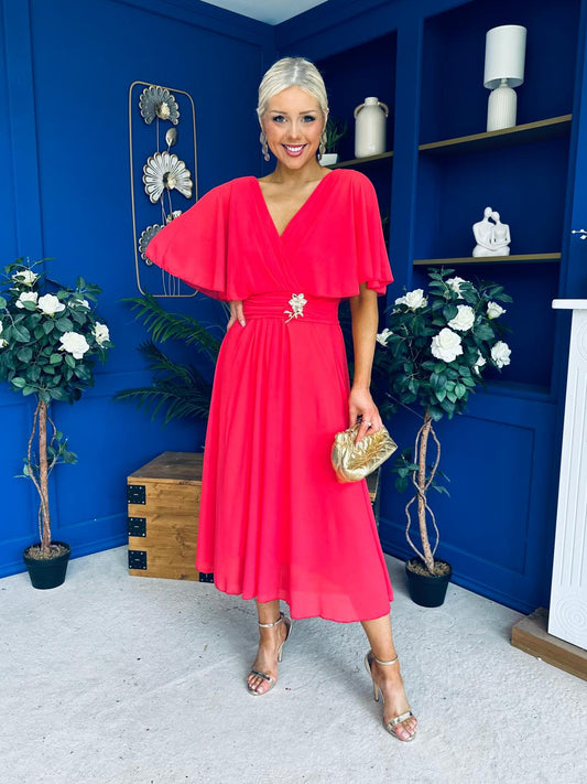 Nancy Cape Detailed Midi Dress Coral