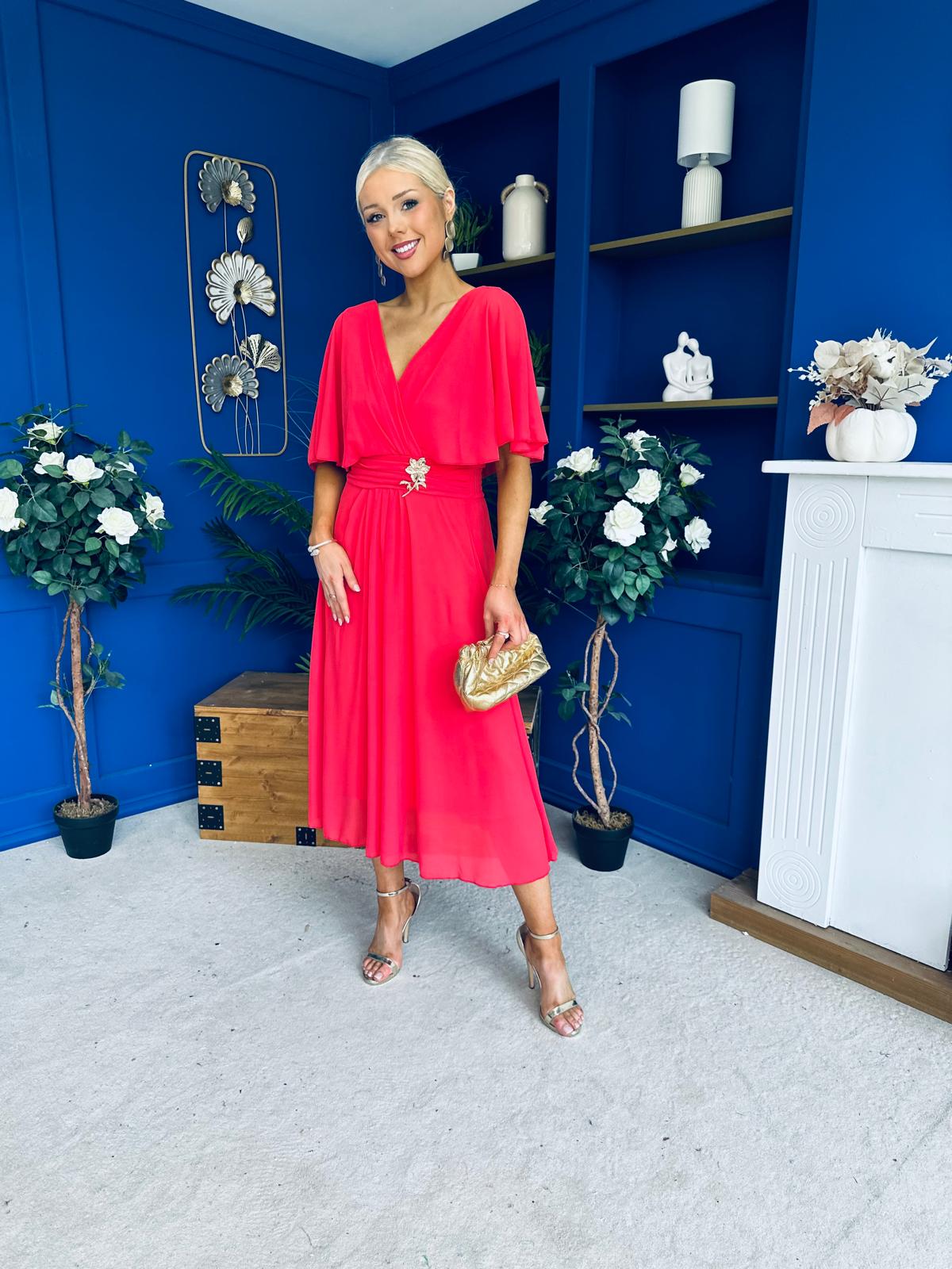 Nancy Cape Detailed Midi Dress Coral