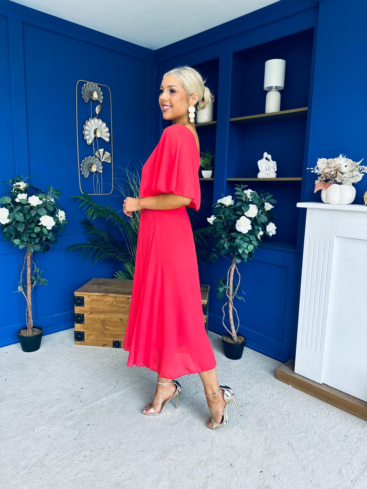 Nancy Cape Detailed Midi Dress Coral