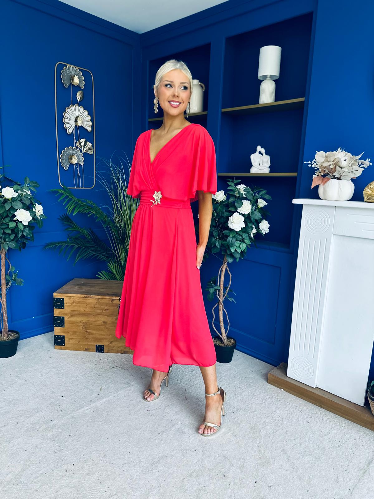 Nancy Cape Detailed Midi Dress Coral